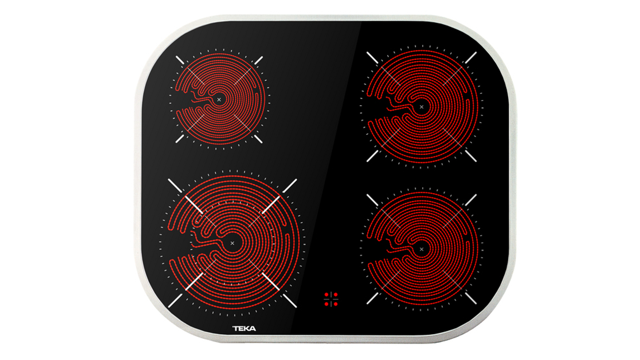Czarna płyta elektryczna z czerwonymi okręgami. Cztery okrągłe elementy grzewcze, biała ramka.