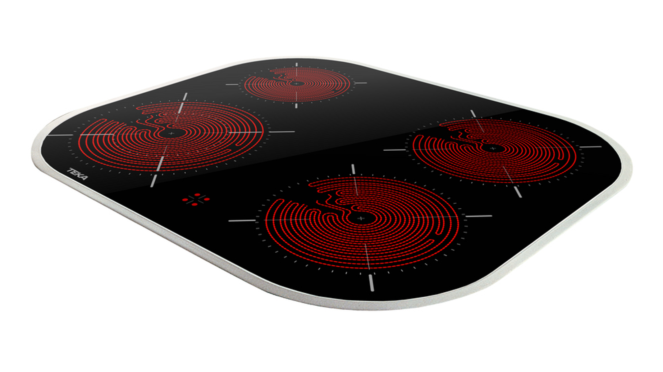Czarna płyta indukcyjna Teka z czterema czerwonymi, podgrzewanymi elementami kołowymi na białym tle.