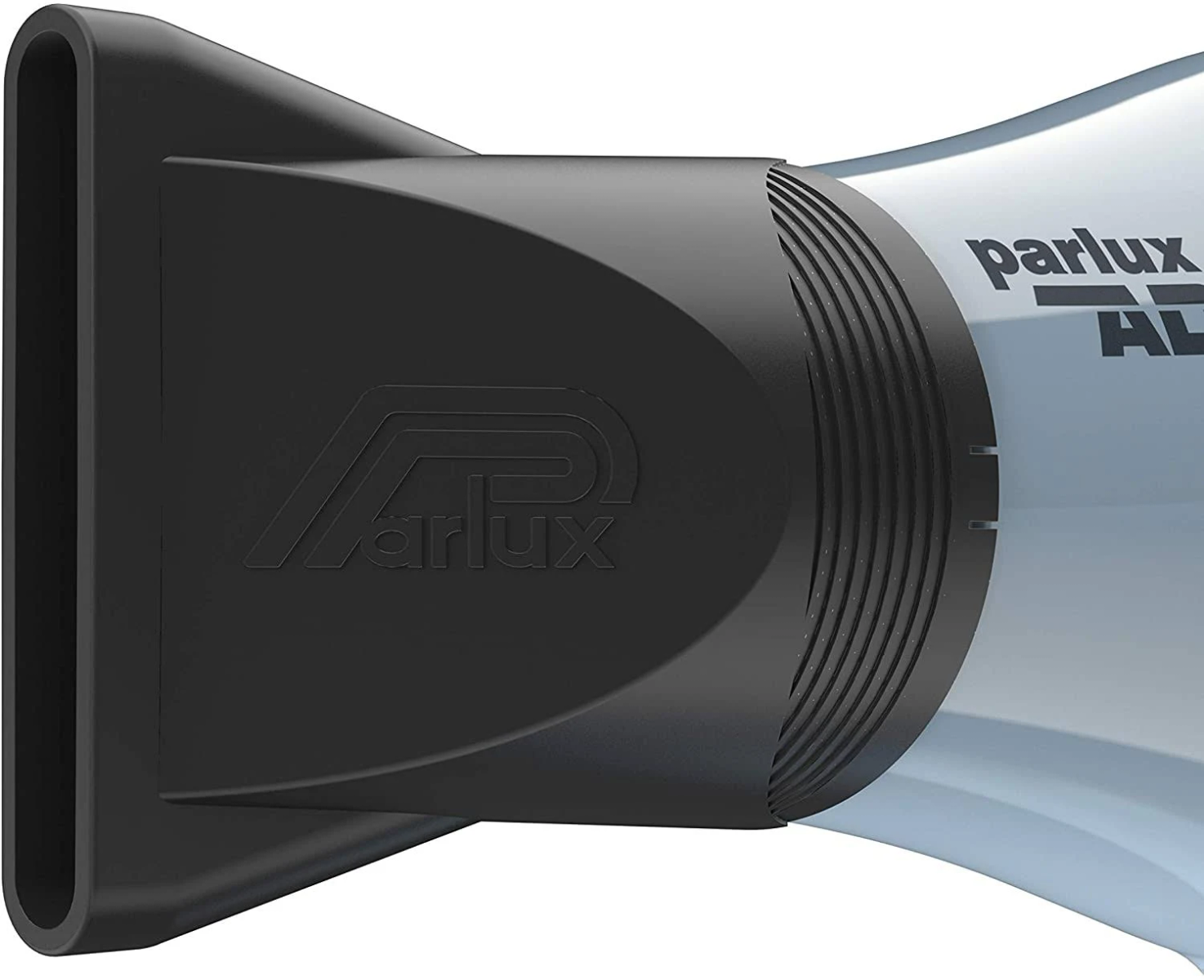 Czarna dysza suszarki do włosów przymocowana do białej i niebieskiej suszarki, marka 'Parlux'.