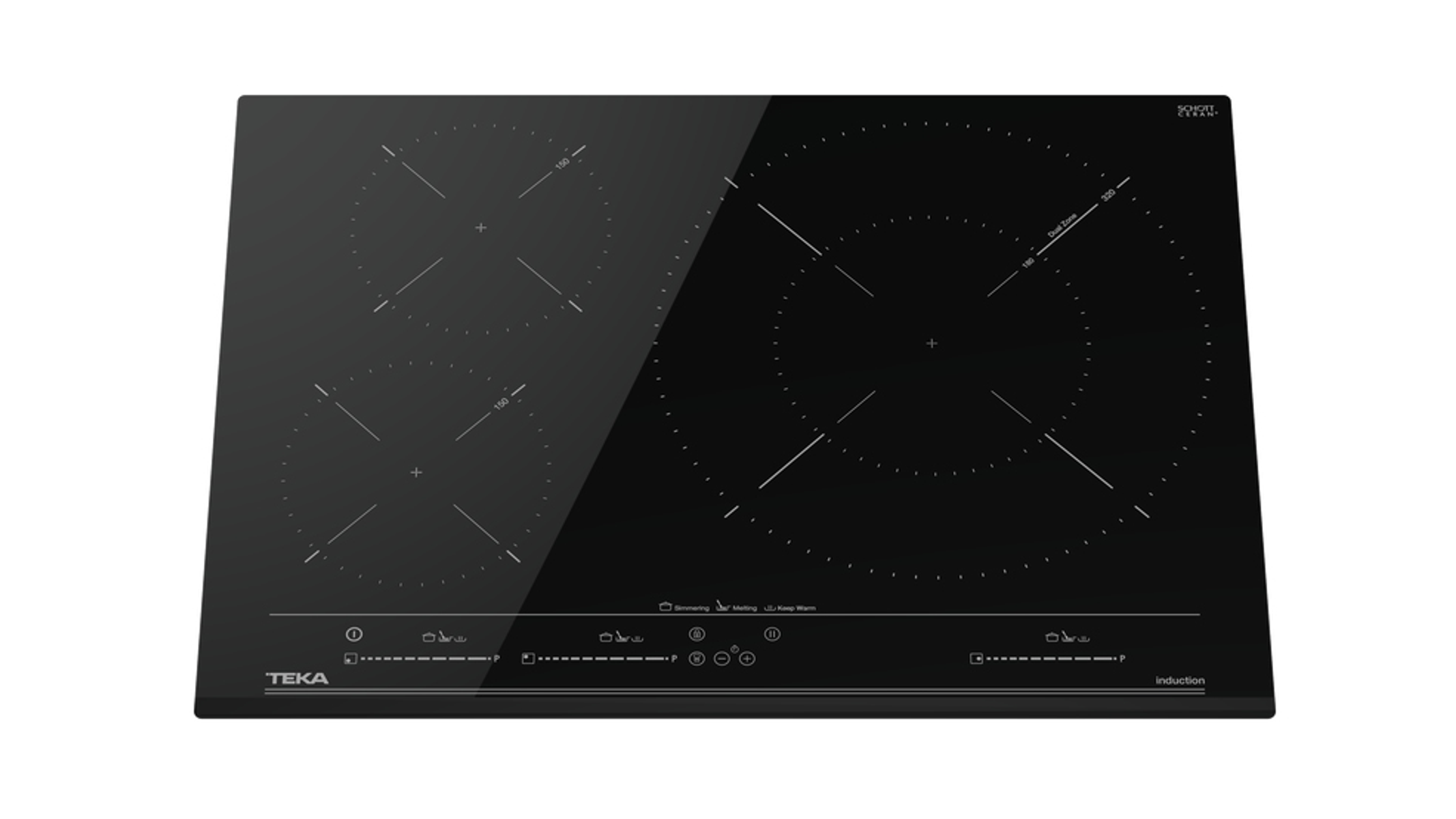 Czarna płyta indukcyjna z trzema strefami gotowania, panelem sterowania i logo marki Teka.