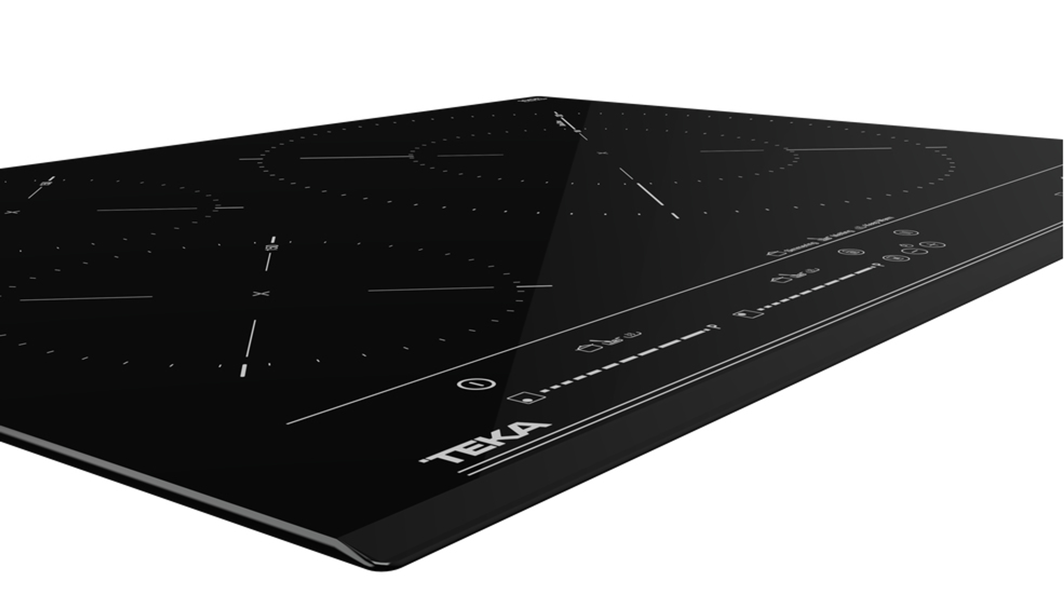 Czarna szklana płyta grzewcza z elementami sterowania dotykowego, widok z boku, białe tło.