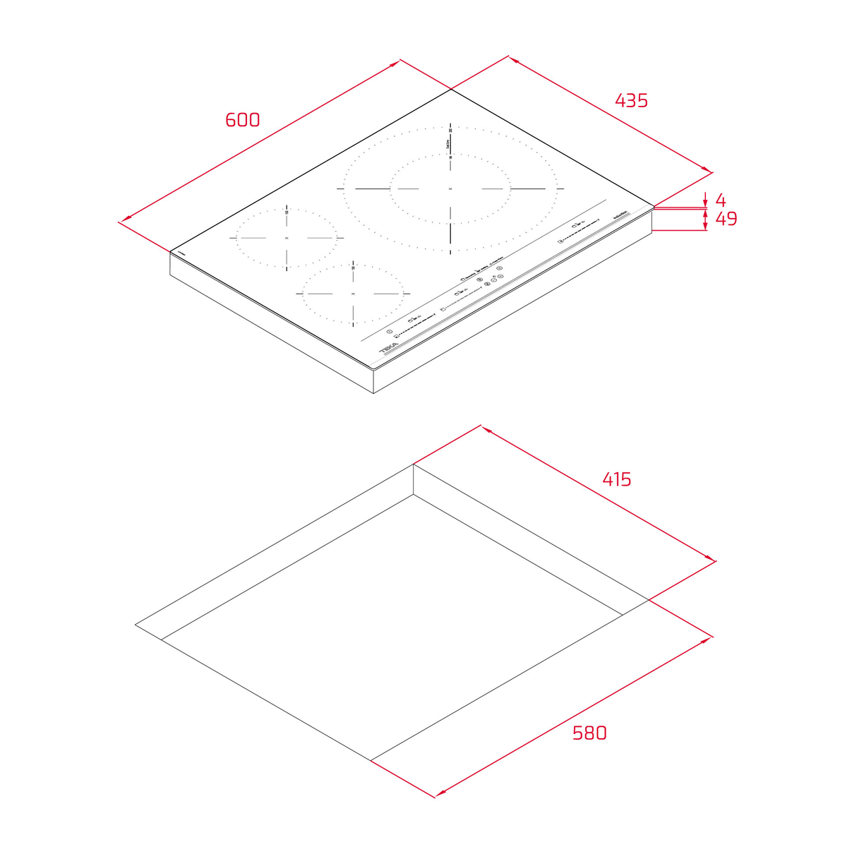 Widok z góry na płytę grzewczą. Wymiary w kolorze czerwonym. Białe tło.