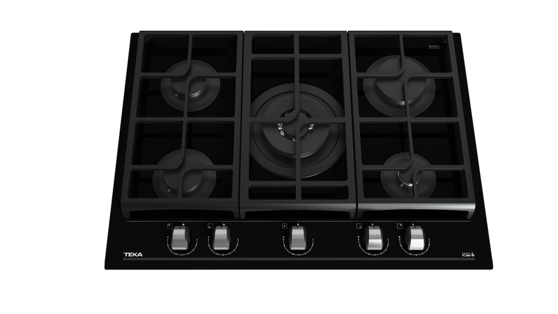 Czarna płyta gazowa Teka z pięcioma palnikami i pokrętłami sterowania na dole z przodu.