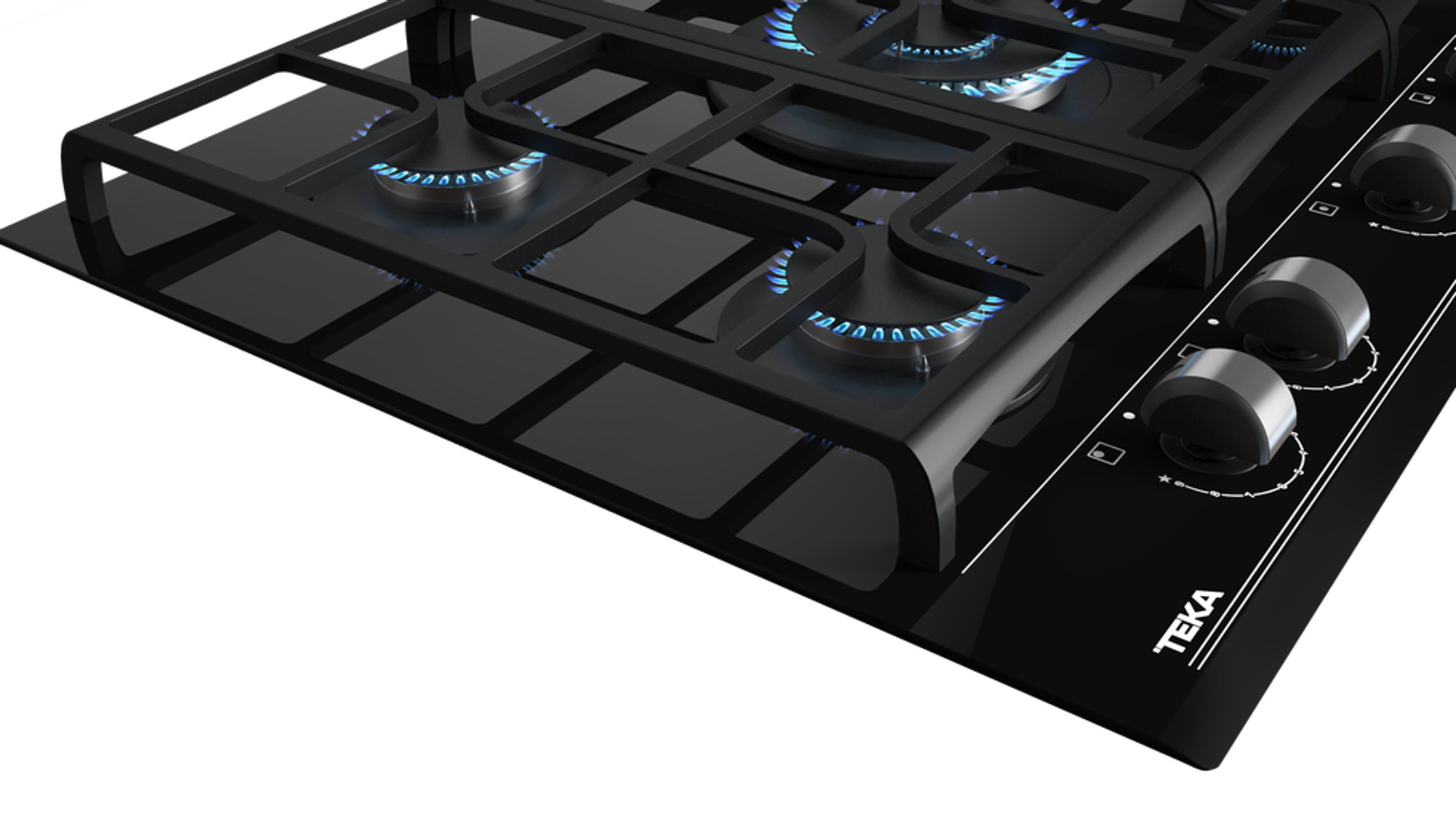 Zbliżenie czarnej kuchenki gazowej z niebieskimi płomieniami. Pokrętła po prawej.