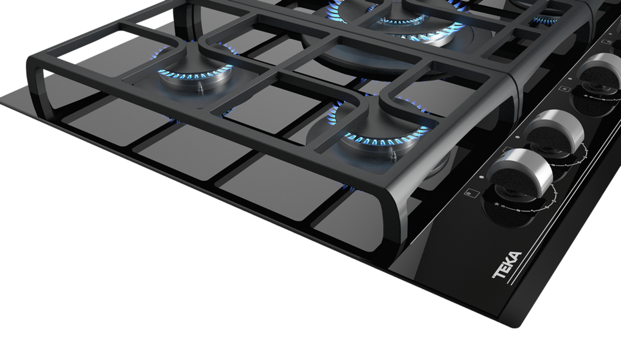 Zbliżenie czarnej kuchenki gazowej z niebieskimi płomieniami z palników.