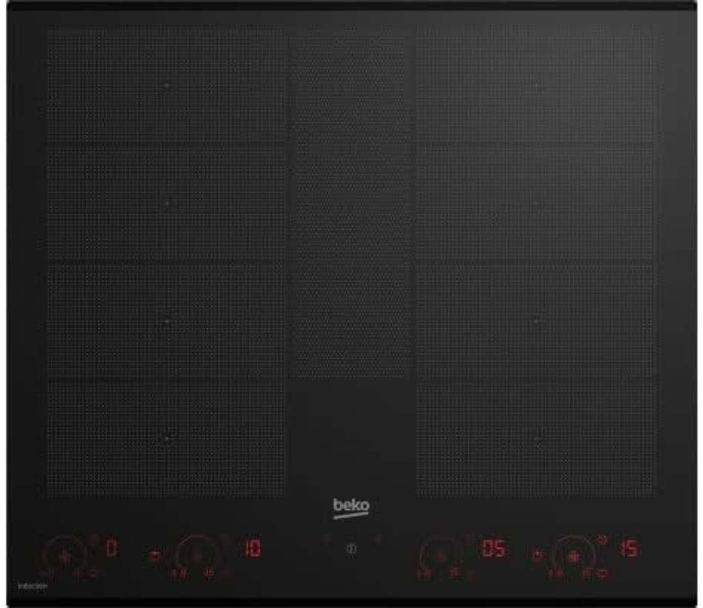 Placa de inducción negra con controles táctiles y visualizadores numéricos rojos.