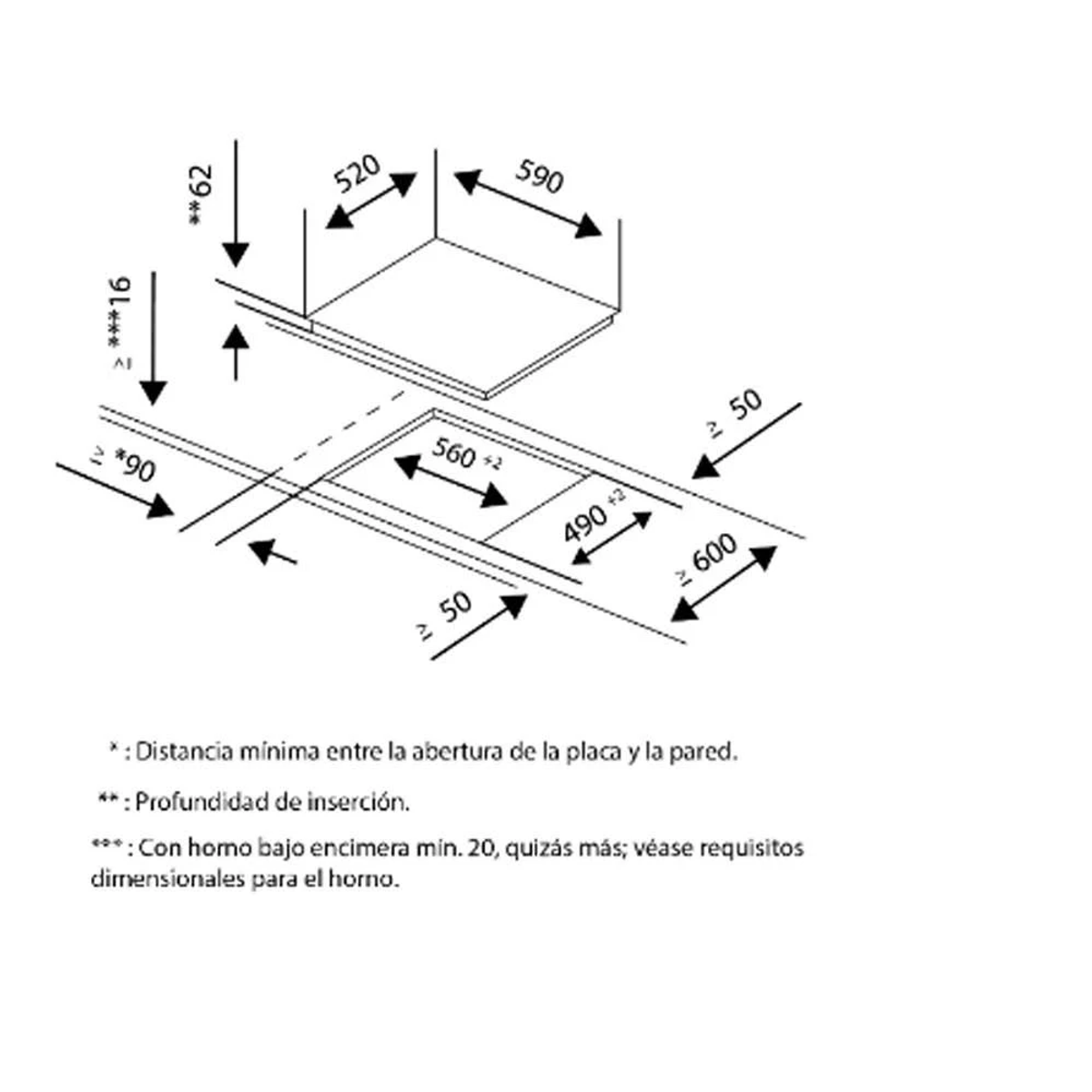 Schemat z wymiarami urządzenia. Strzałki i liczby pokazują rozmiary i odległości w kolorze białym na białym tle.