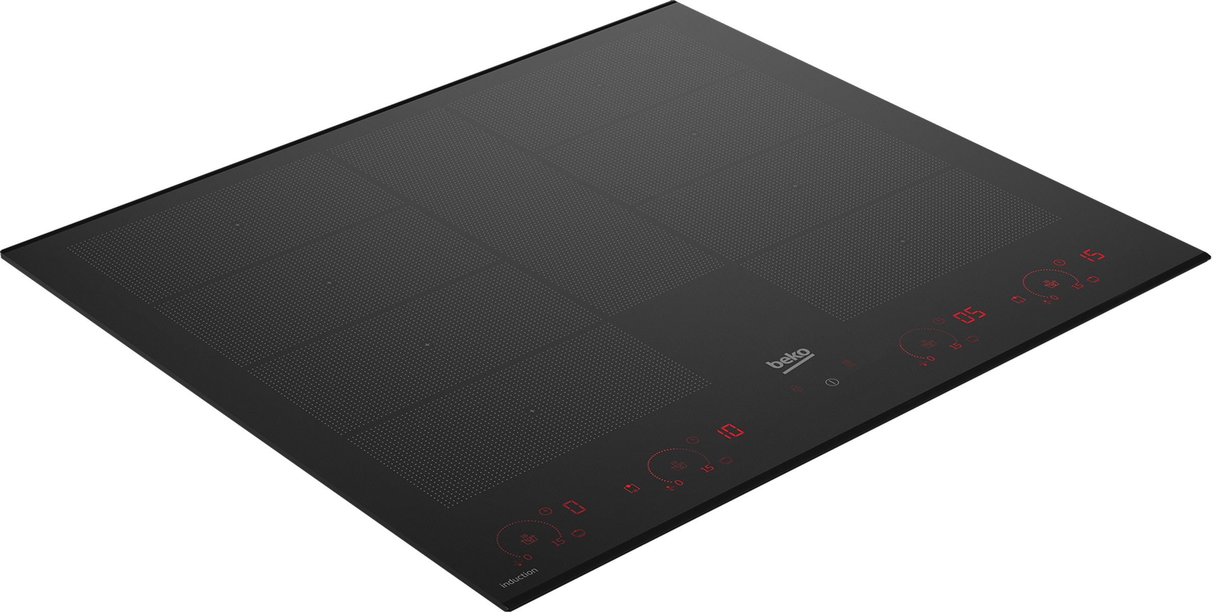Placa de inducción negra con luces de pantalla rojas. Perspectiva angular.