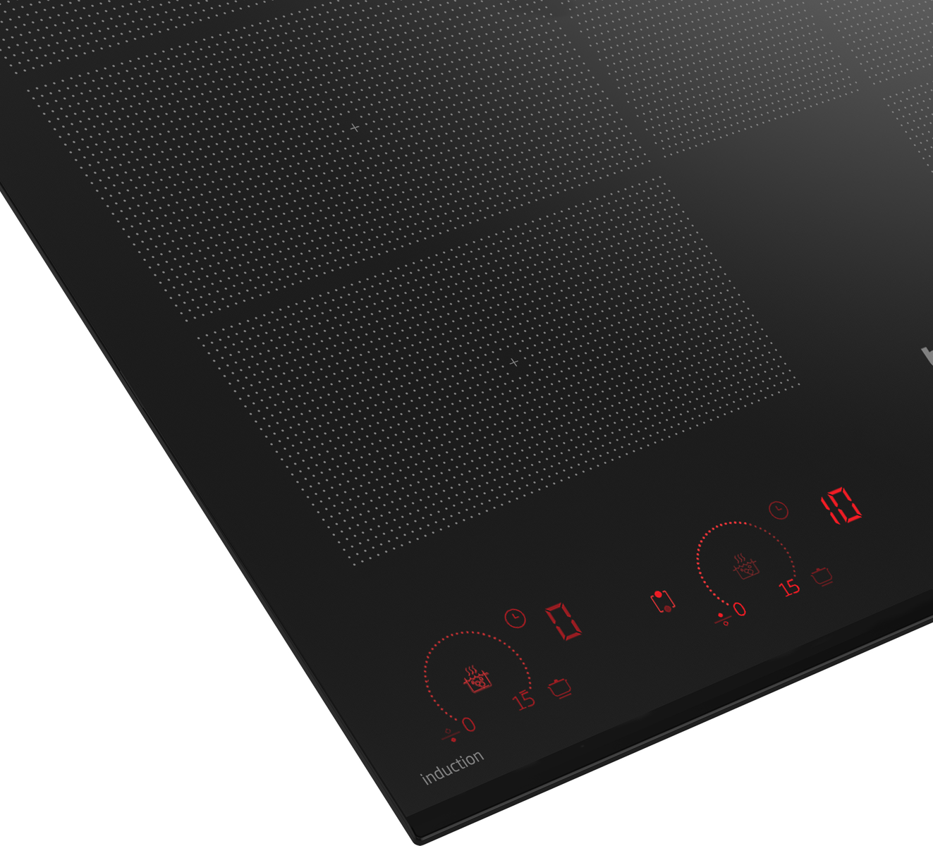 Placa de inducción negra con pantallas digitales rojas y controles táctiles para cada zona de cocción.
