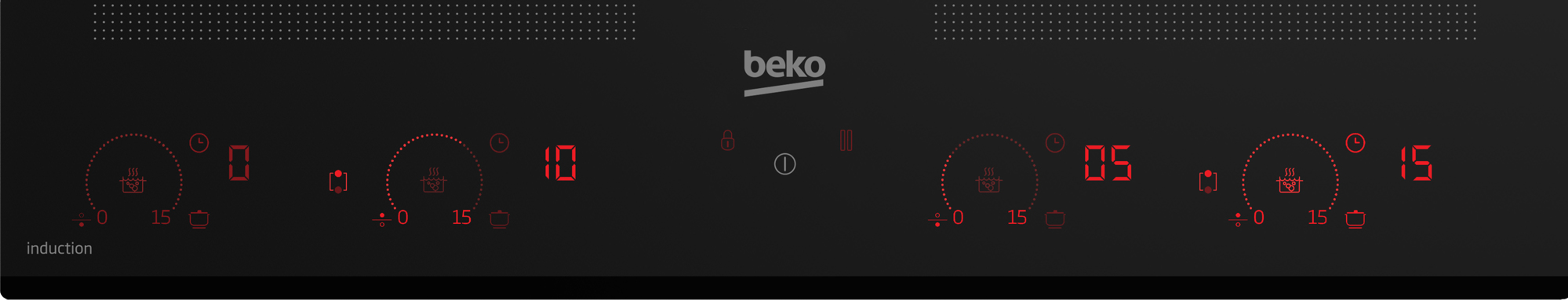 Placa de inducción Beko negra con pantalla digital roja. Muestra ajustes de 0, 10, 5 y 15.