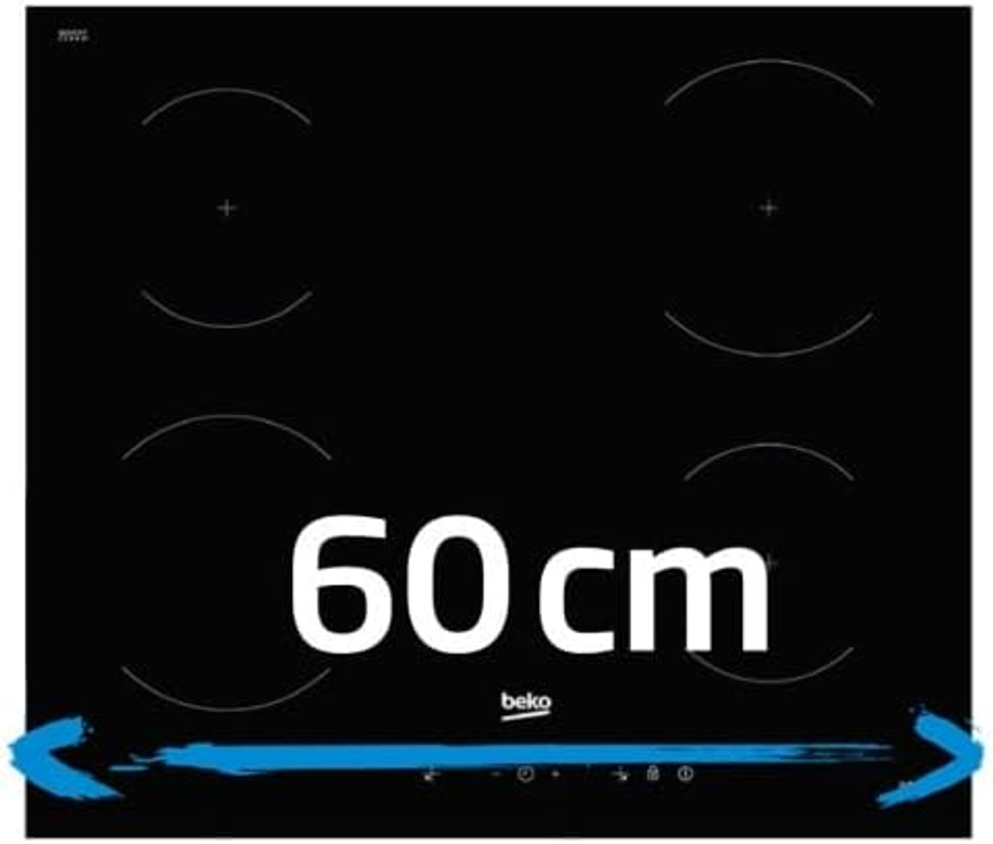 Una placa de cocina de cerámica negra con cuatro quemadores circulares y el texto '60 cm' en blanco, con una línea azul.