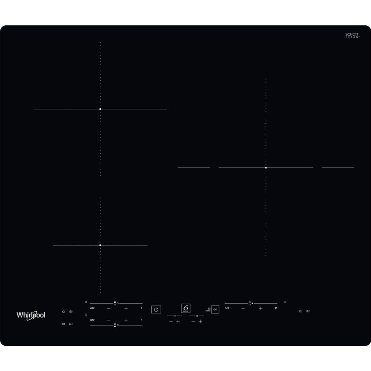 Placa de inducción negra con tres zonas de cocción, panel de control en la parte inferior, fondo blanco.