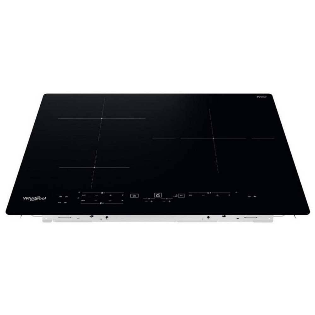 Placa de inducción negra Whirlpool con cuatro fuegos y controles.