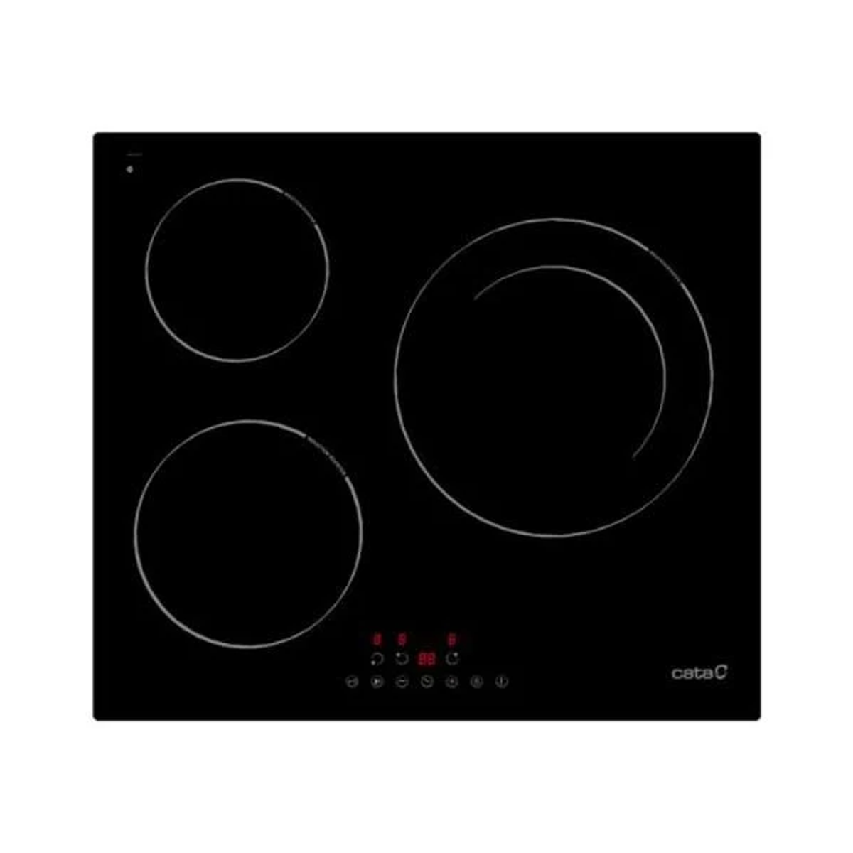 Placa de cocina negra con tres quemadores, pantalla digital roja. Fondo blanco.