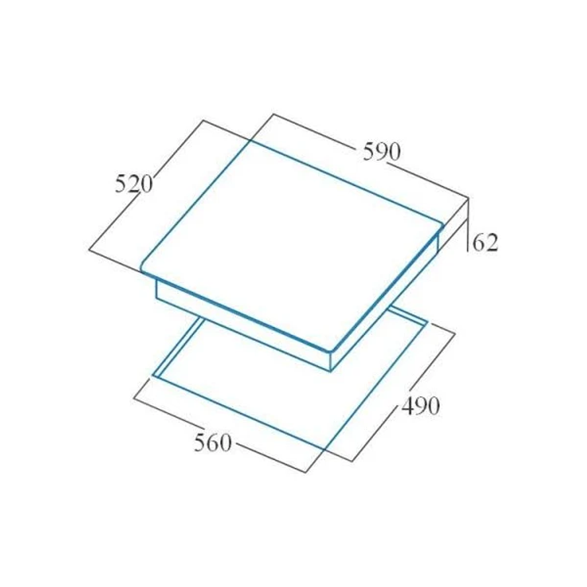 Diagrama que muestra las dimensiones de una placa de cocina negra. Dimensiones: 520x590, 560x490 y 62x16.