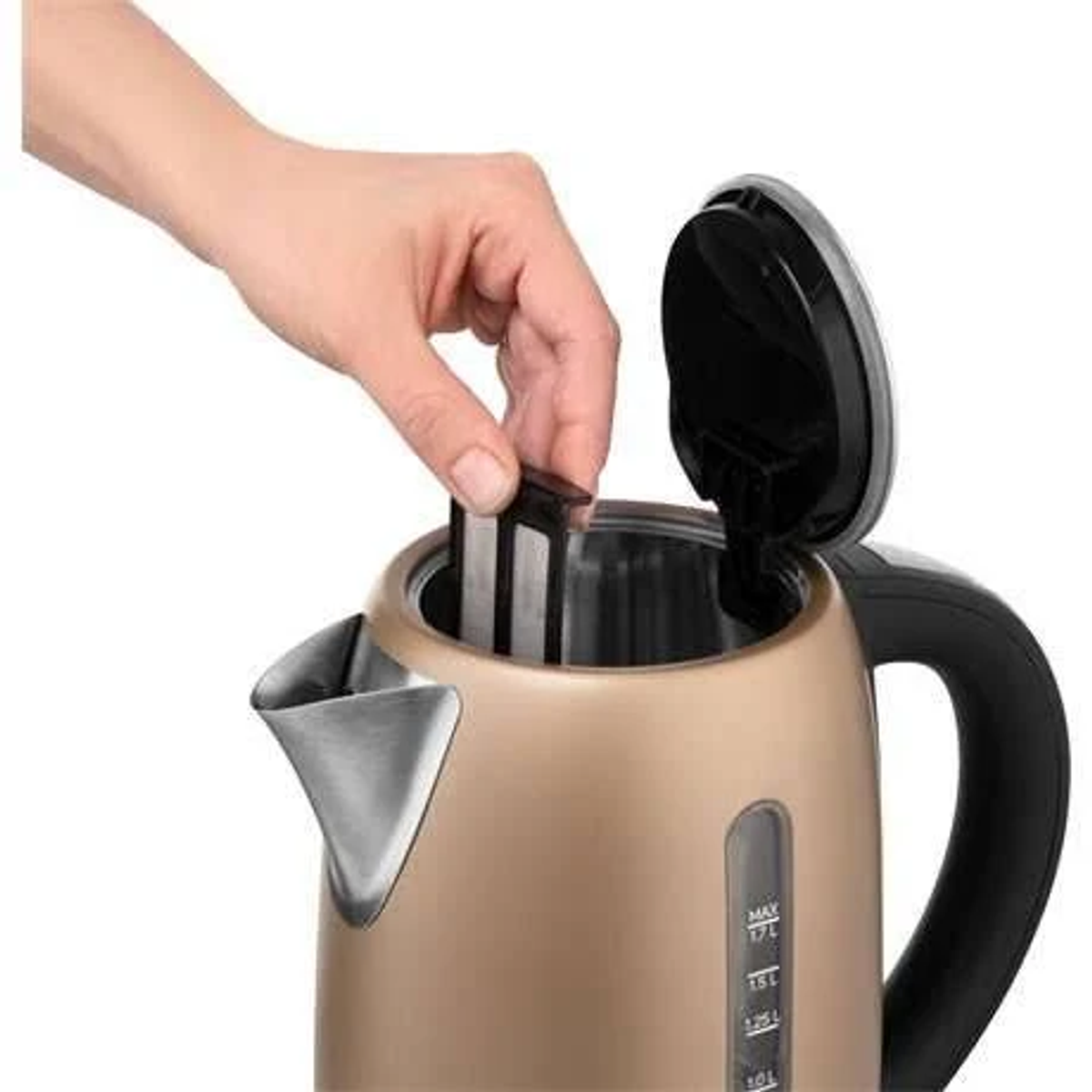 Eine Hand legt einen Filter in einen goldenen elektrischen Wasserkocher. Der Wasserkocher ist schwarz.