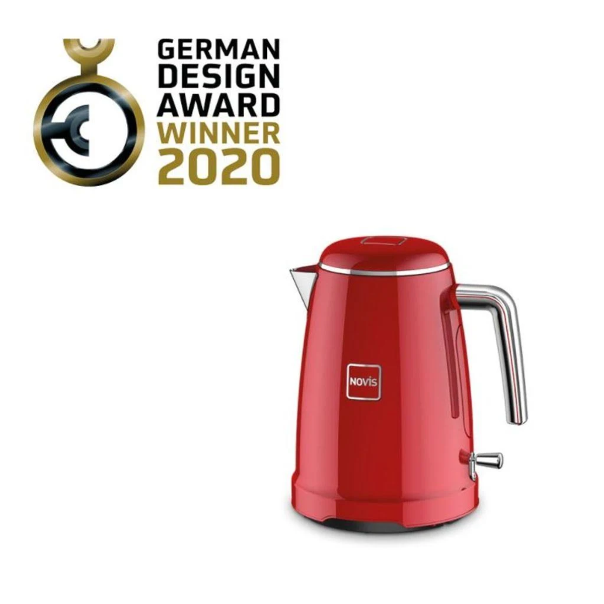 Bollitore elettrico rosso con manico cromato. Adesivo German Design Award Winner 2020.