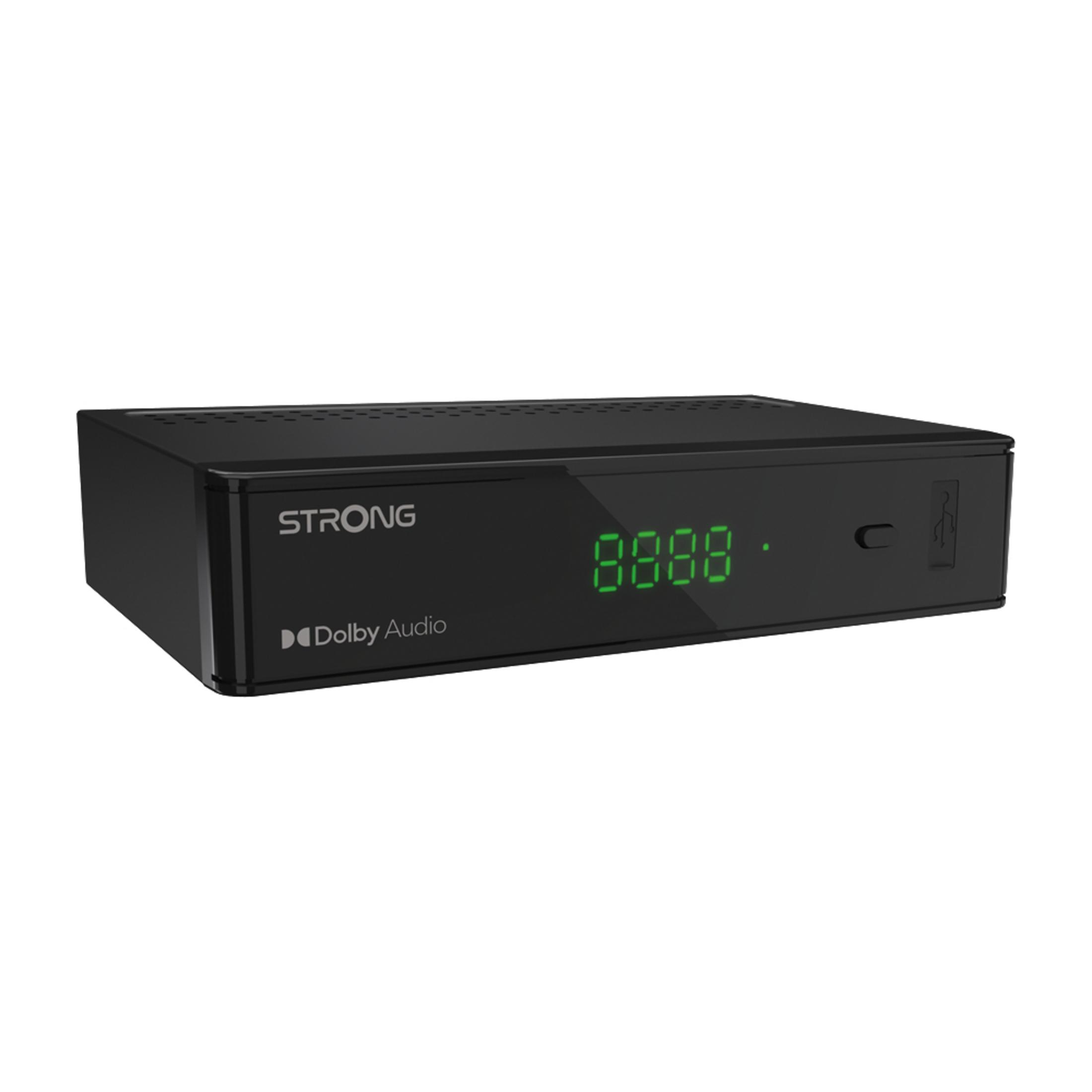 Schwarze Set-Top-Box mit grüner Anzeige und Etiketten auf weißem Untergrund.