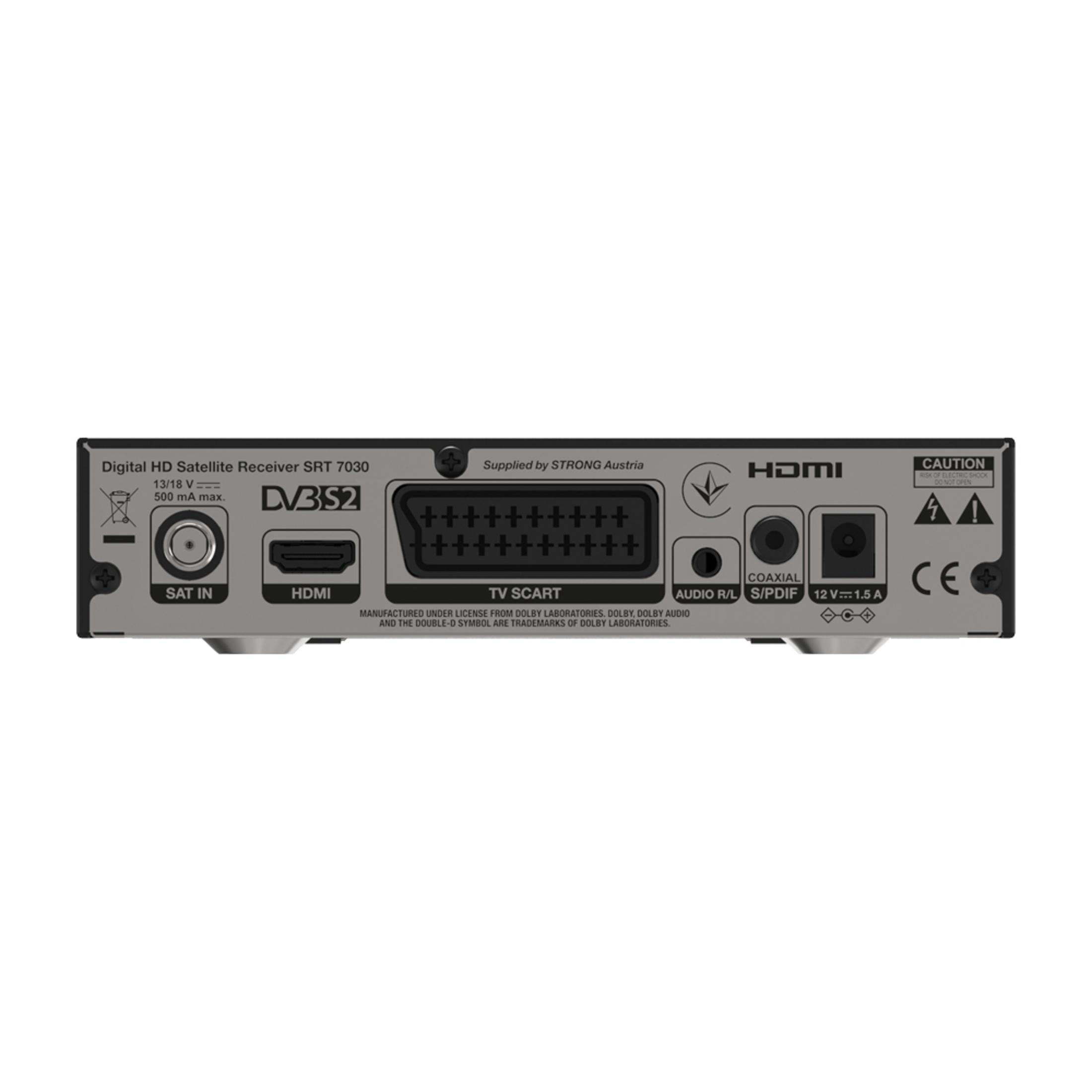 Digitaler HD-Satellitenreceiver mit verschiedenen Anschlüssen und Beschriftungen. Enthält HDMI, SCART und Stromeingang.
