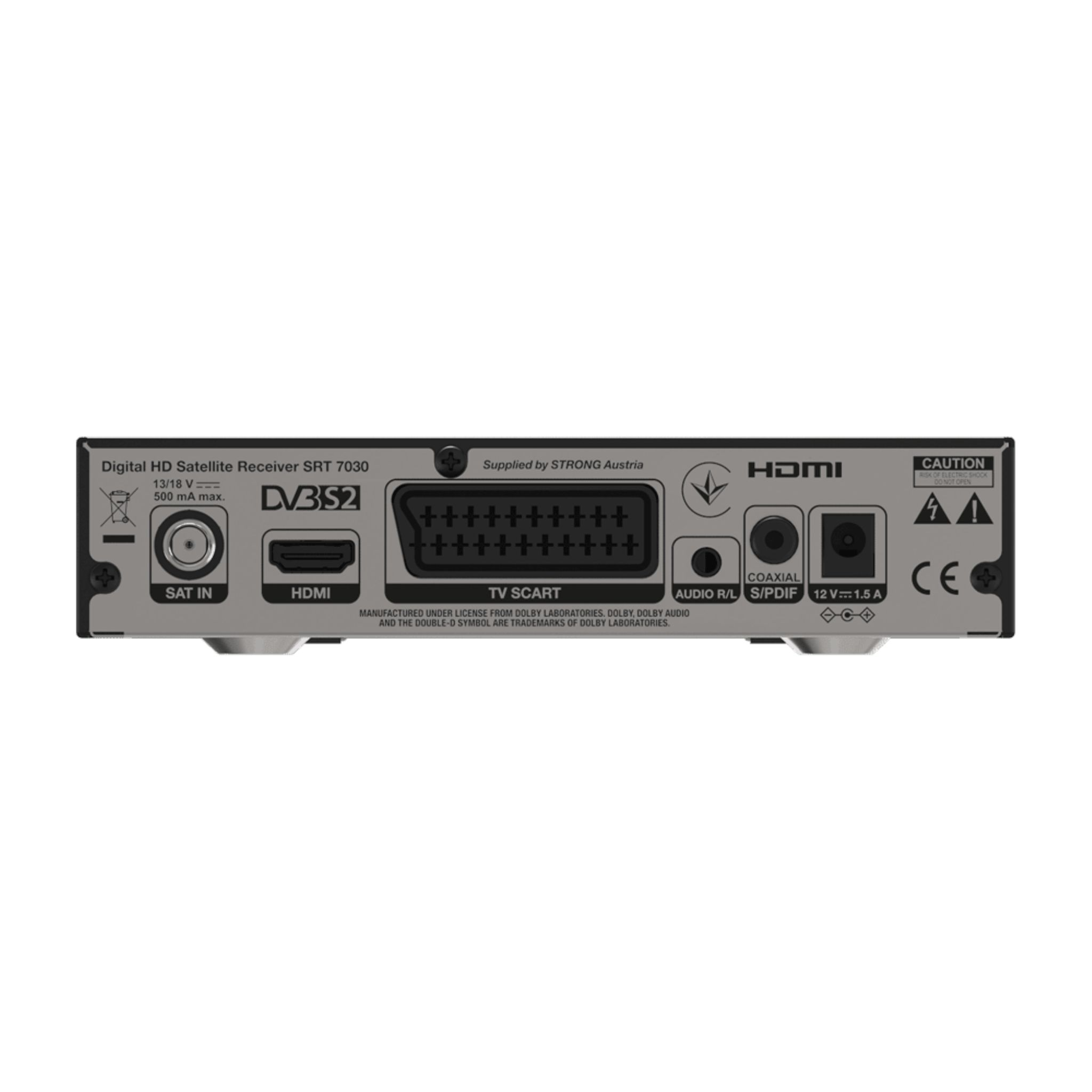 Rückseite eines digitalen HD-Satellitenreceivers. Es ist schwarz. Verschiedene Eingangs- und Ausgangsanschlüsse sind vorhanden.