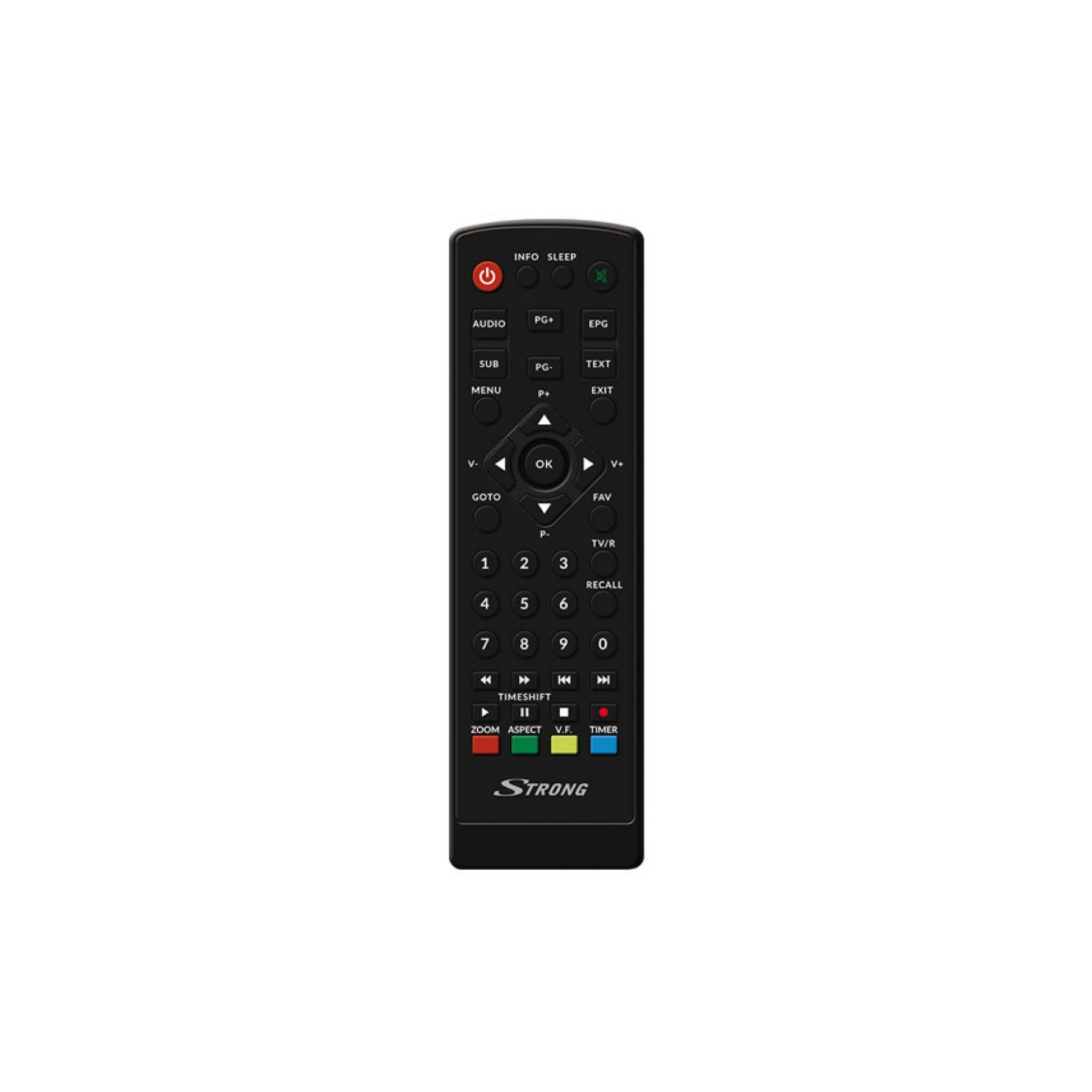 Telecomando Strong nero con pulsanti. Ha vari pulsanti, incluso il pulsante di accensione.