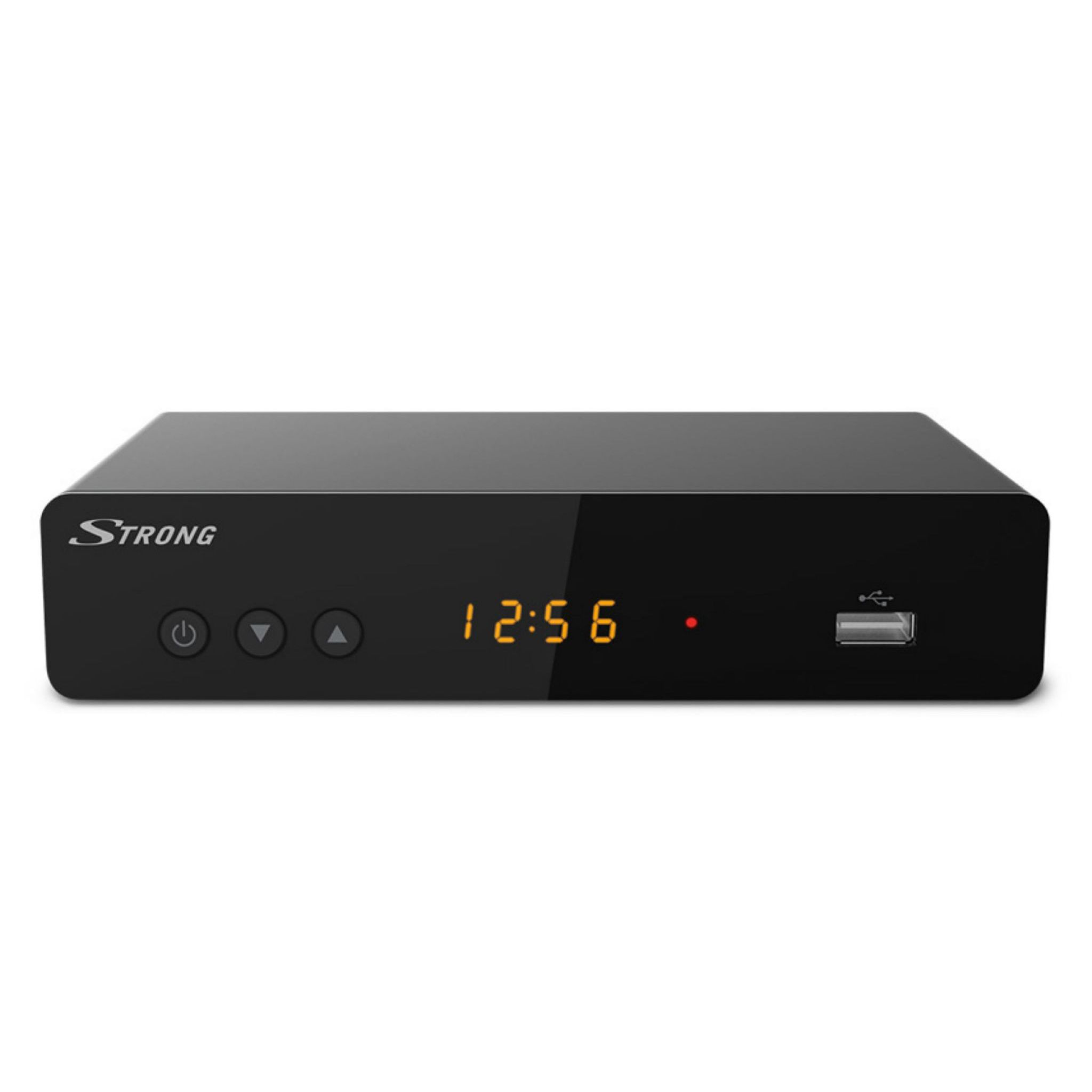 Ricevitore digitale Strong nero. Display mostra 12:56. Porta USB, pulsanti accensione e navigazione.