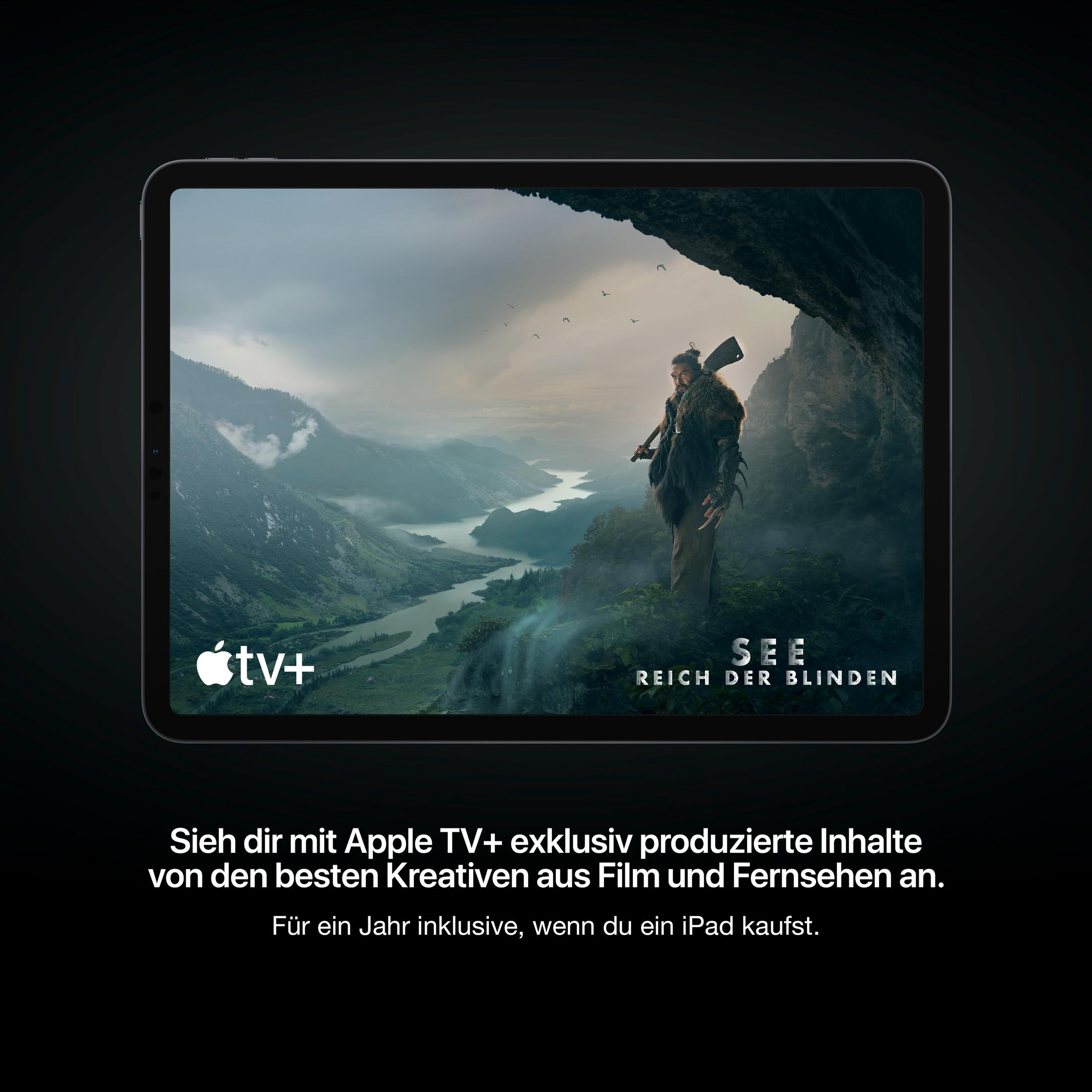 iPad wyświetlający scenę z filmu, tekst z Apple TV+ i tekst promocyjny.
