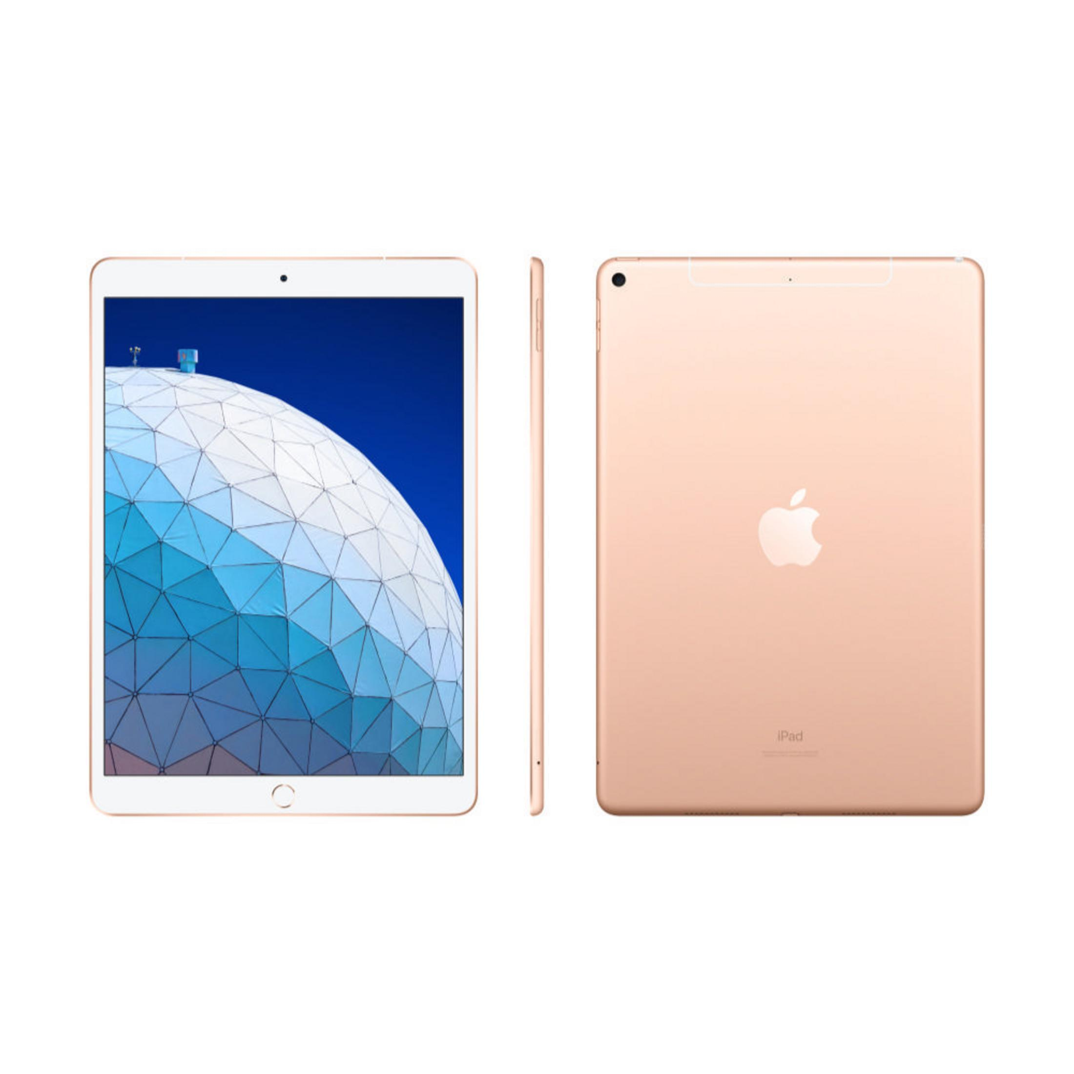 Ein goldenes iPad Air. Zeigt Vorder-, Seiten- und Rückansicht. Apple-Logo auf der Rückseite.