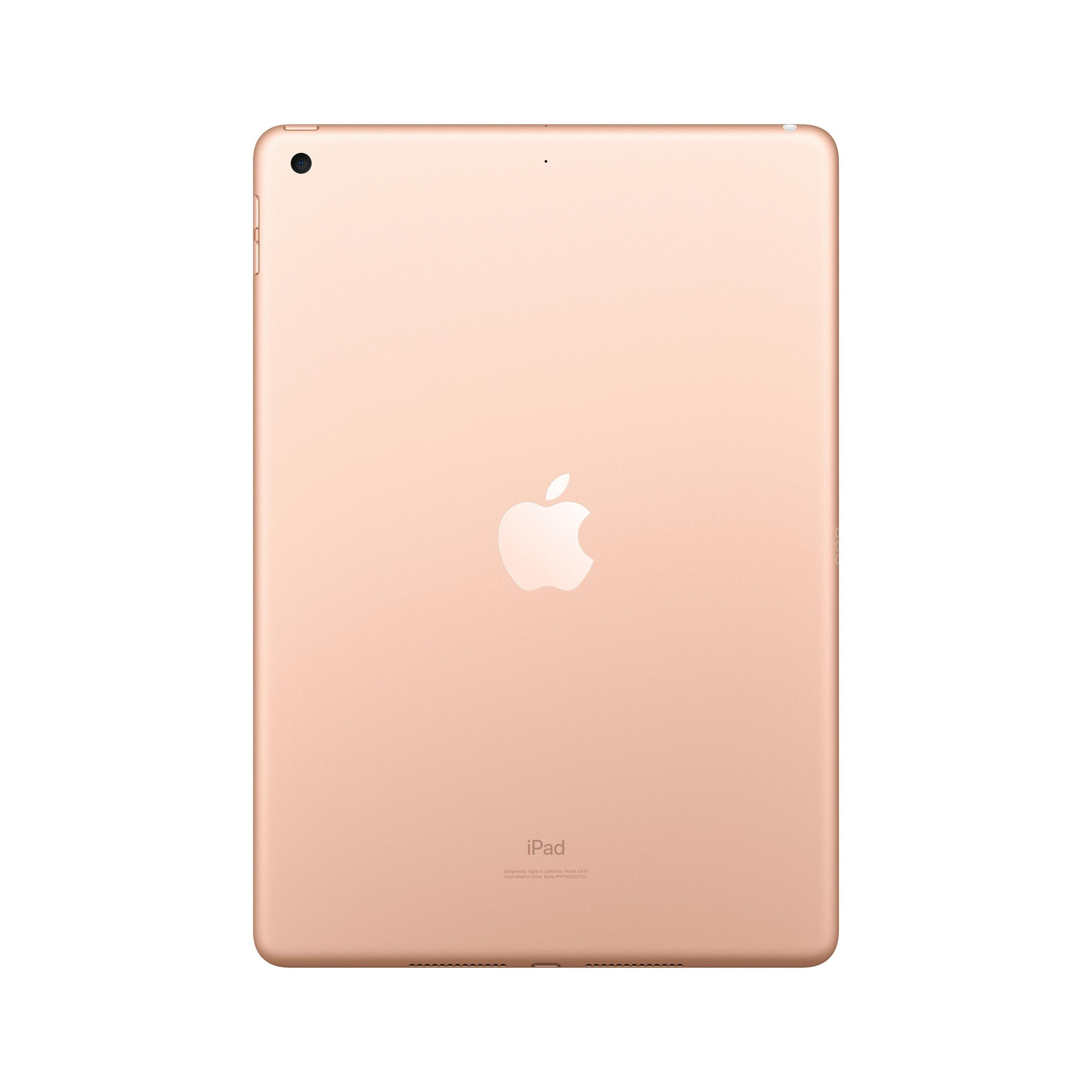Achteraanzicht van een roségouden iPad. Het Apple-logo is gecentreerd. Een cameralens linksboven.