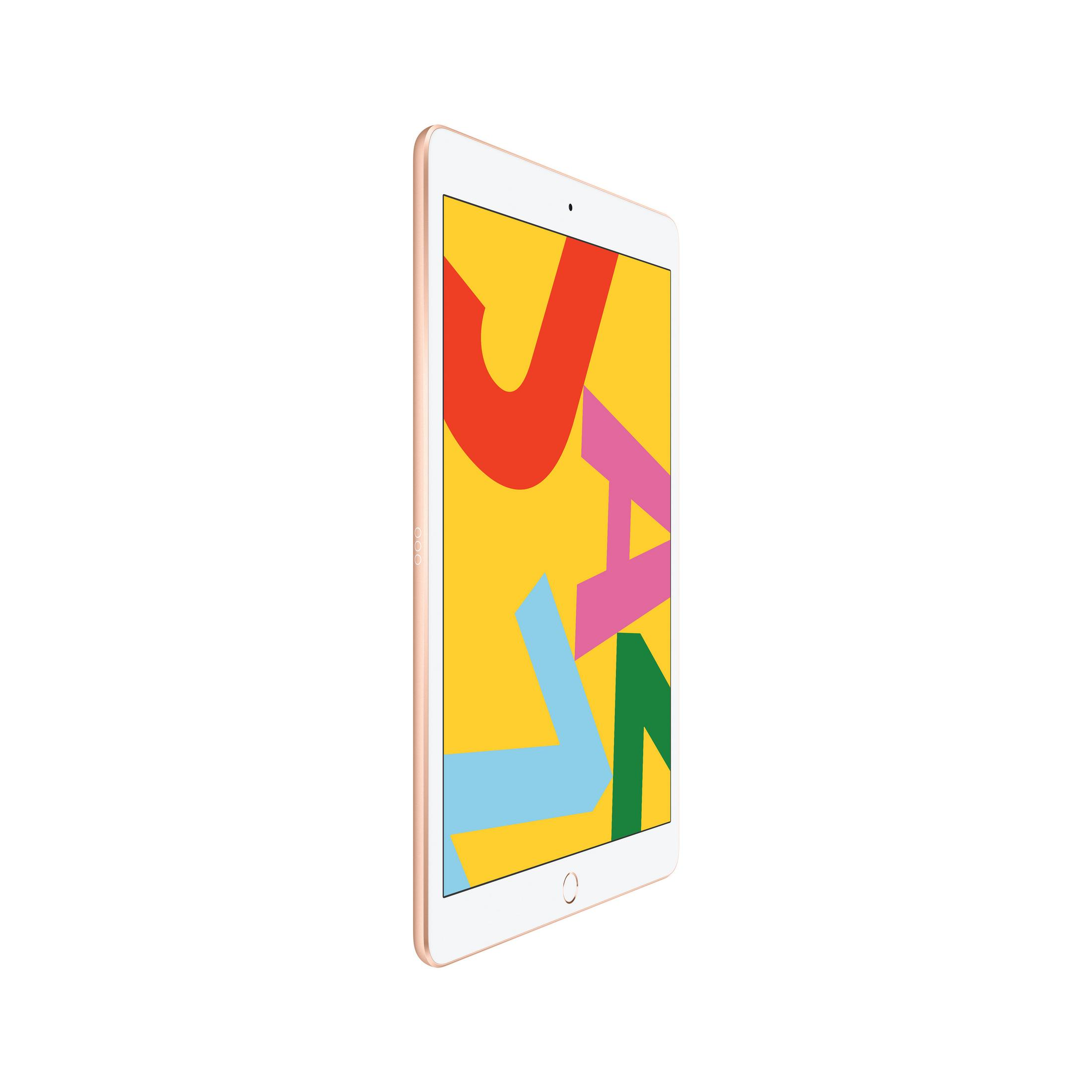 Een gouden iPad met een kleurrijke abstracte kunstweergave, op een witte achtergrond.