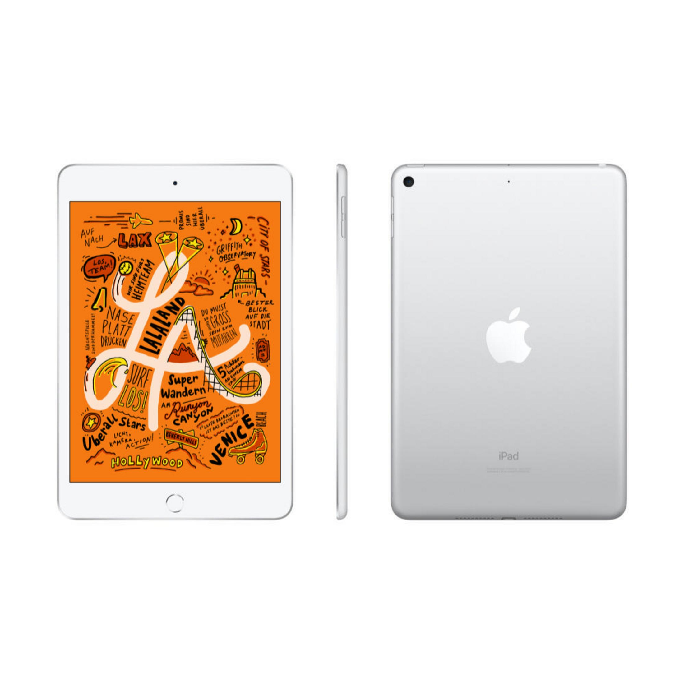 Een witte iPad mini met een kleurrijke afbeelding op het scherm en een zijaanzicht. Het Apple-logo is zichtbaar.