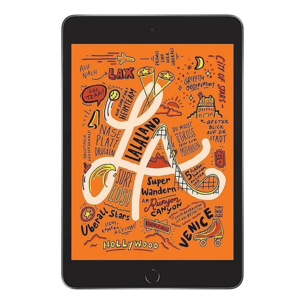 Een oranje tablet met LA-thema graphics en tekst.