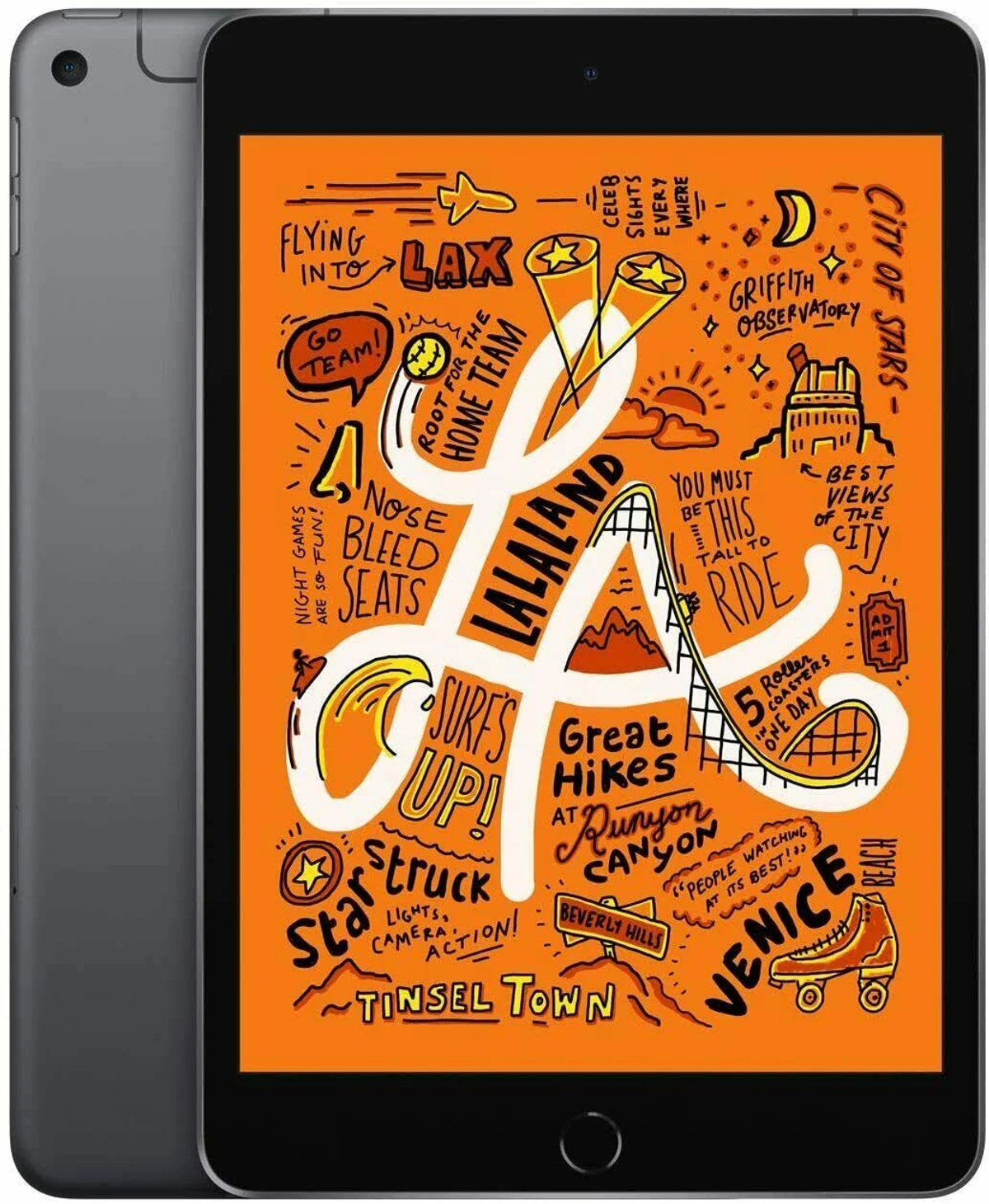 iPad Mini w pomarańczowej grafice LA. Zawiera zabytki LA i tekst o atrakcjach.