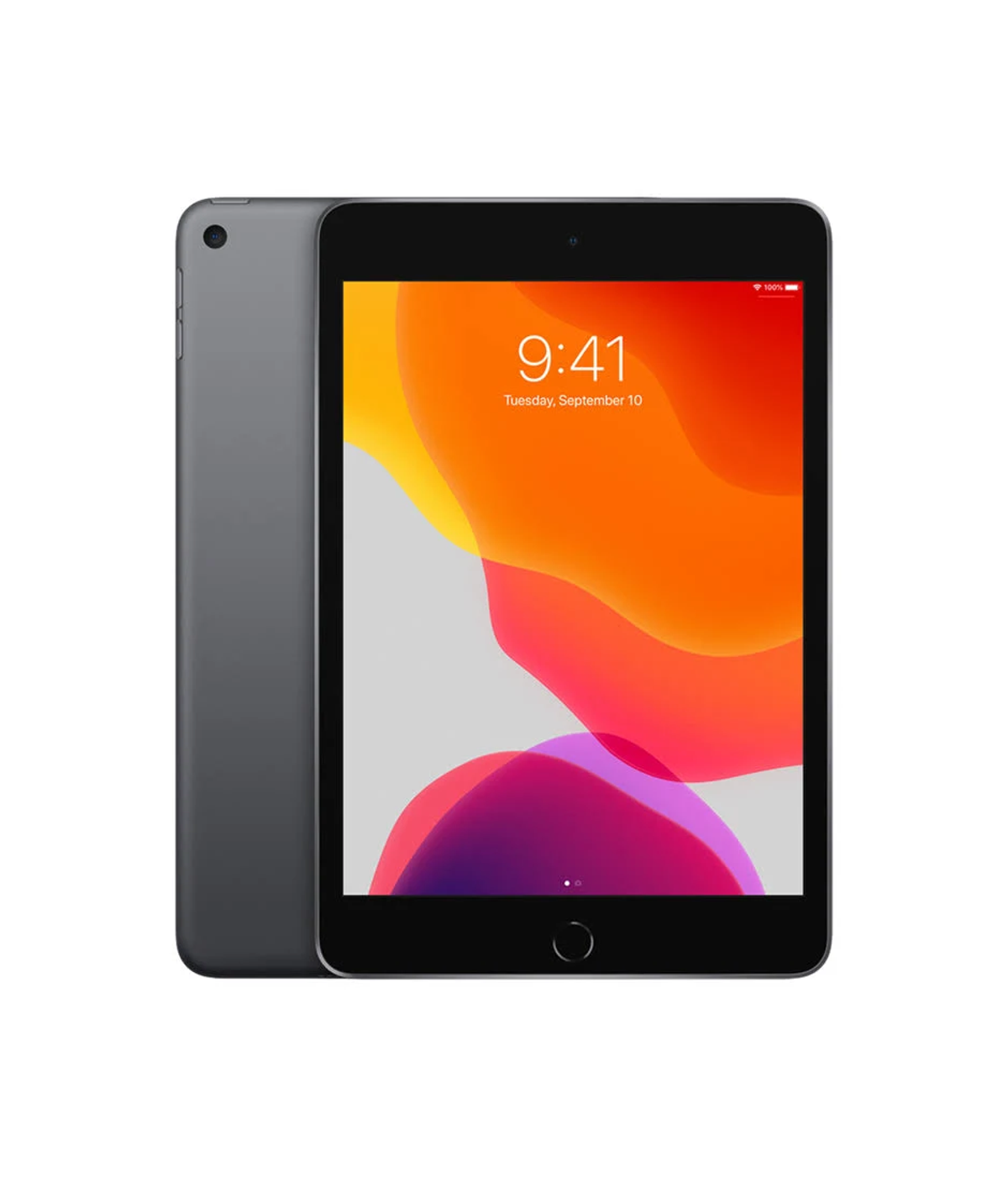 Donkergrijze iPad Mini, zijaanzicht en vooraanzicht, toont het scherm.