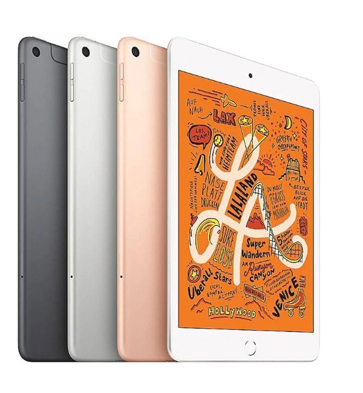 Wyświetlane są cztery kolorowe tablety, z białym tabletem po prawej stronie pokazującym mapę. Tablety są w różnych kolorach.