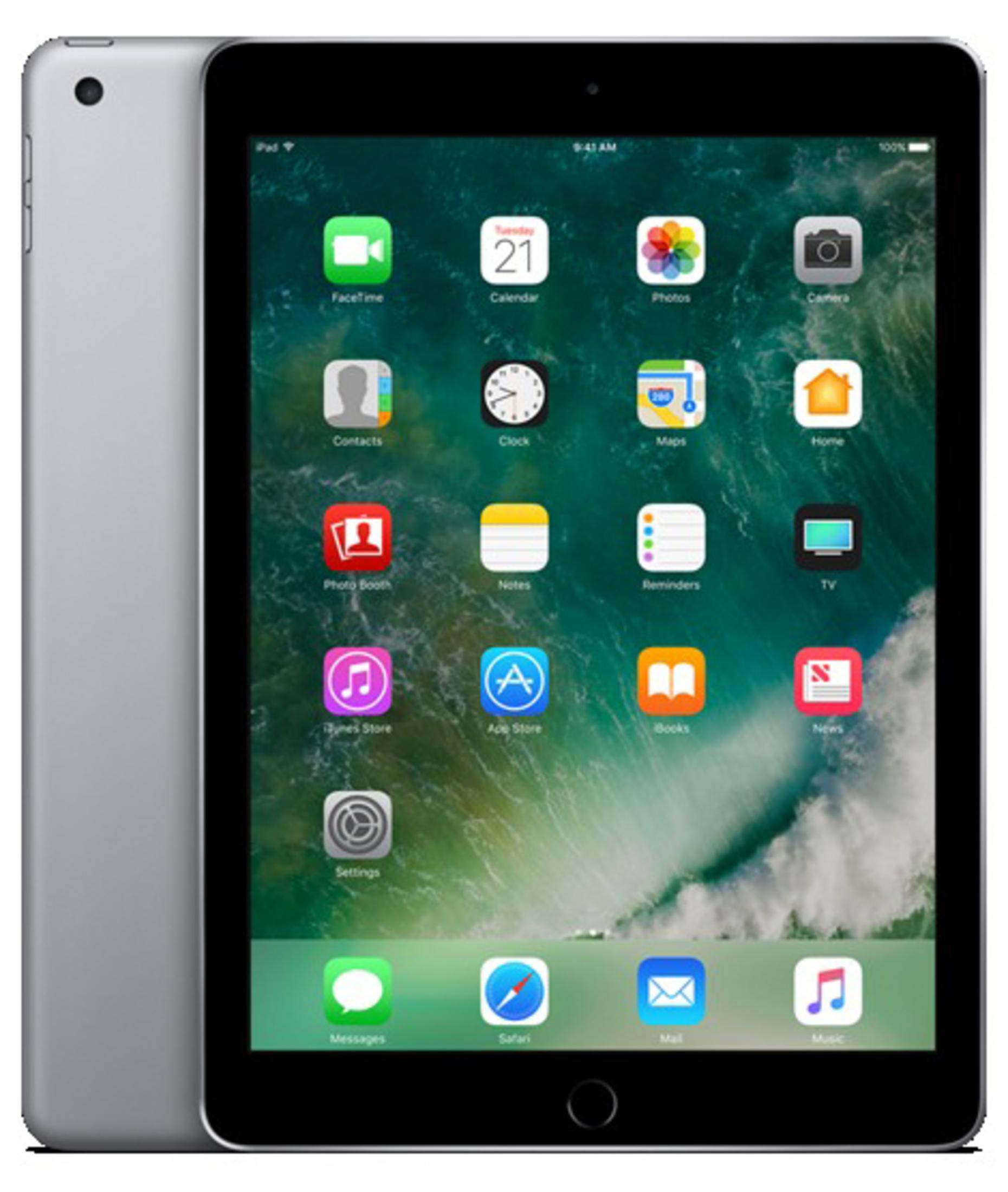 iPad plateado con iconos de aplicaciones en la pantalla. La parte trasera es visible a la izquierda.