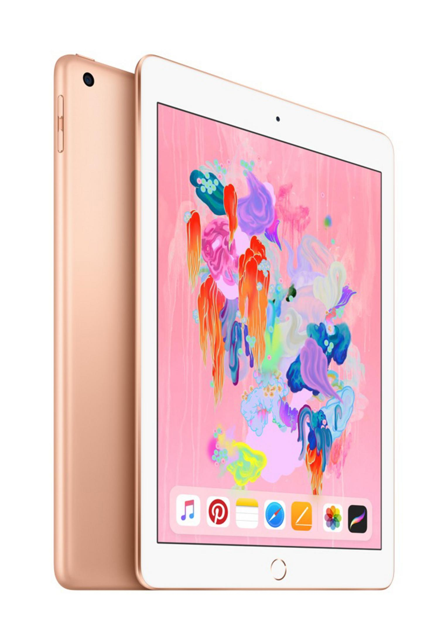 Een gouden iPad wordt onder een hoek getoond, met het scherm met een kleurrijke achtergrond en app-iconen.