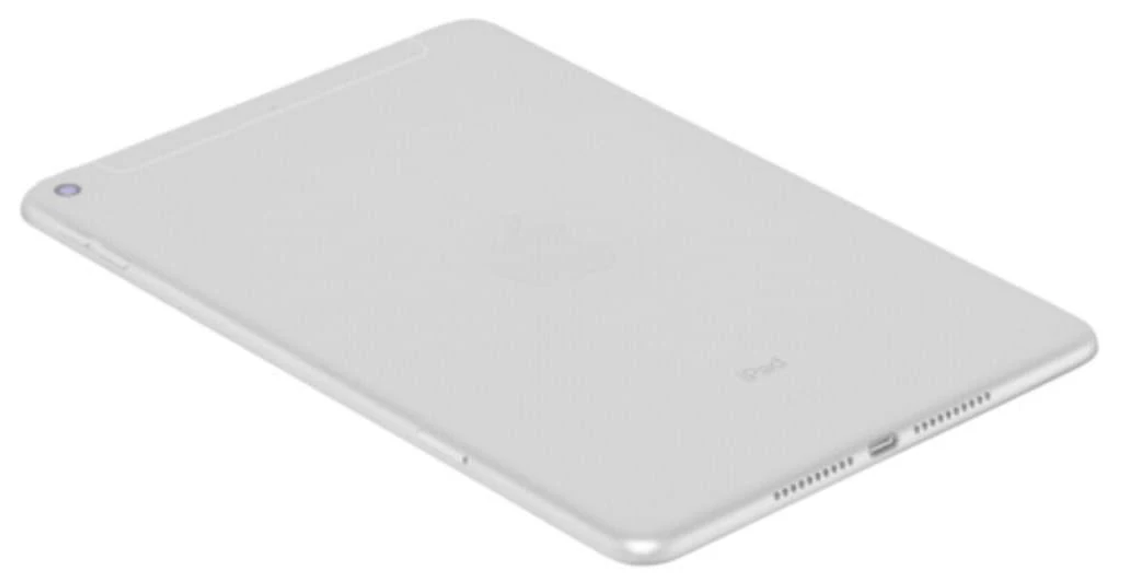 Silbernes iPad mit abgerundeten Ecken, Kameraobjektiv und Lautsprechern. Weißer Hintergrund.