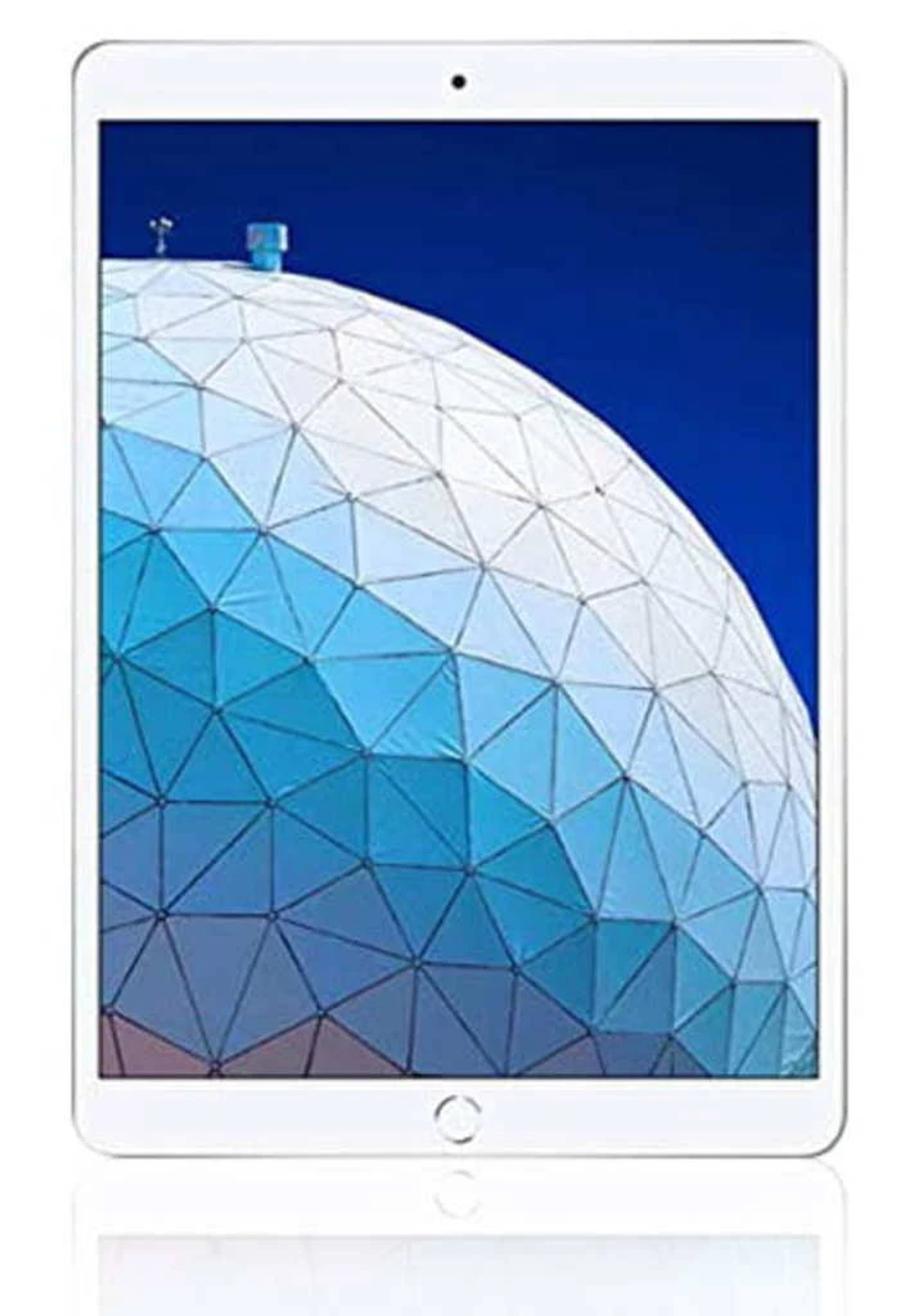 Weißes iPad mit einem blau-weißen geometrischen Design auf dem Bildschirm.