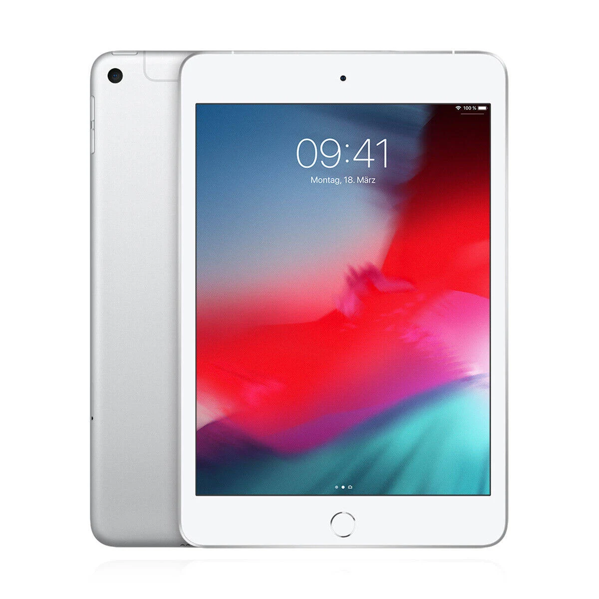 Ein silbernes iPad Mini, das die Uhrzeit und das Datum anzeigt, auf weißem Hintergrund.