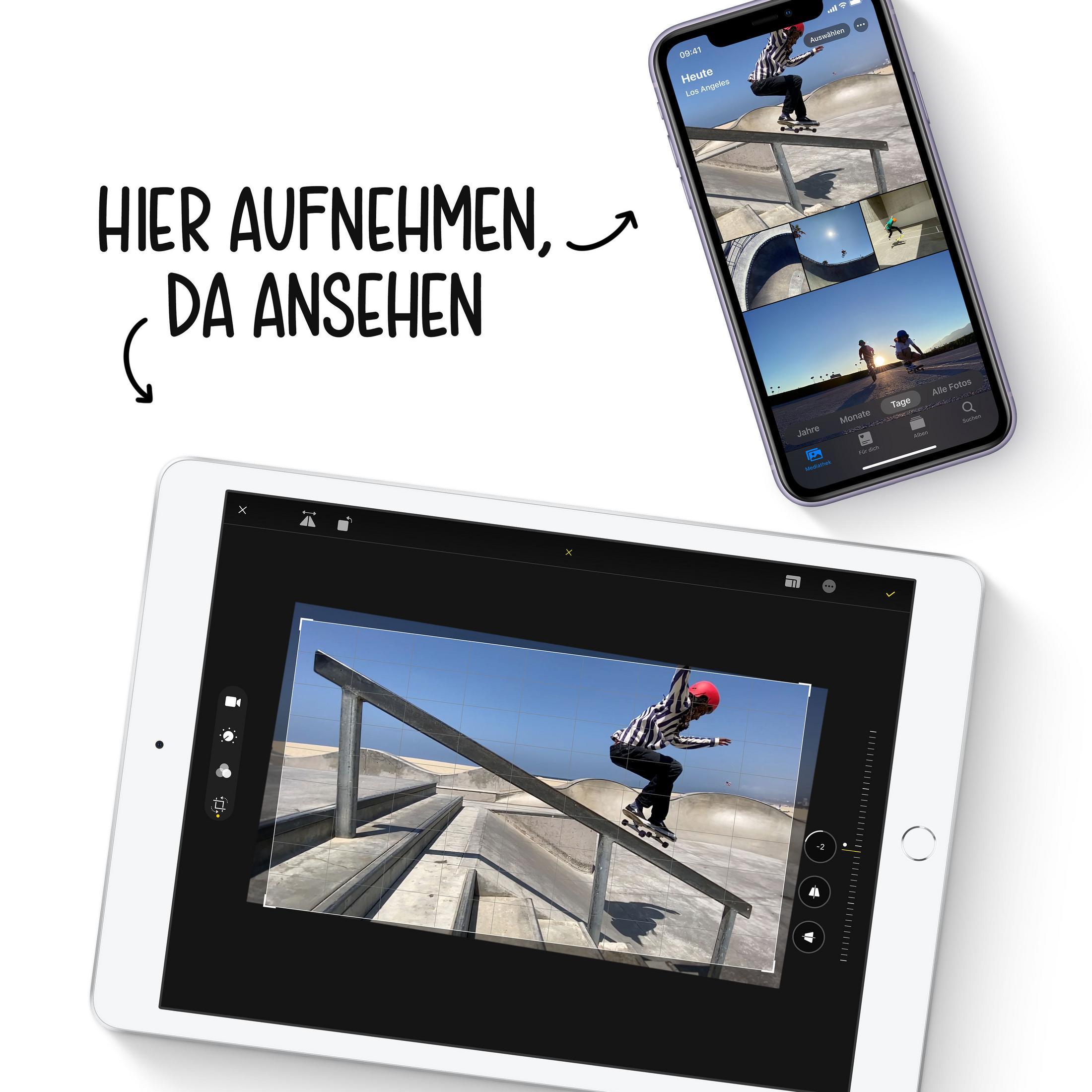 Smartfon i tablet pokazujący zdjęcia. Osoba jeżdżąca na rampie jest w centrum wyświetlanych zdjęć.
