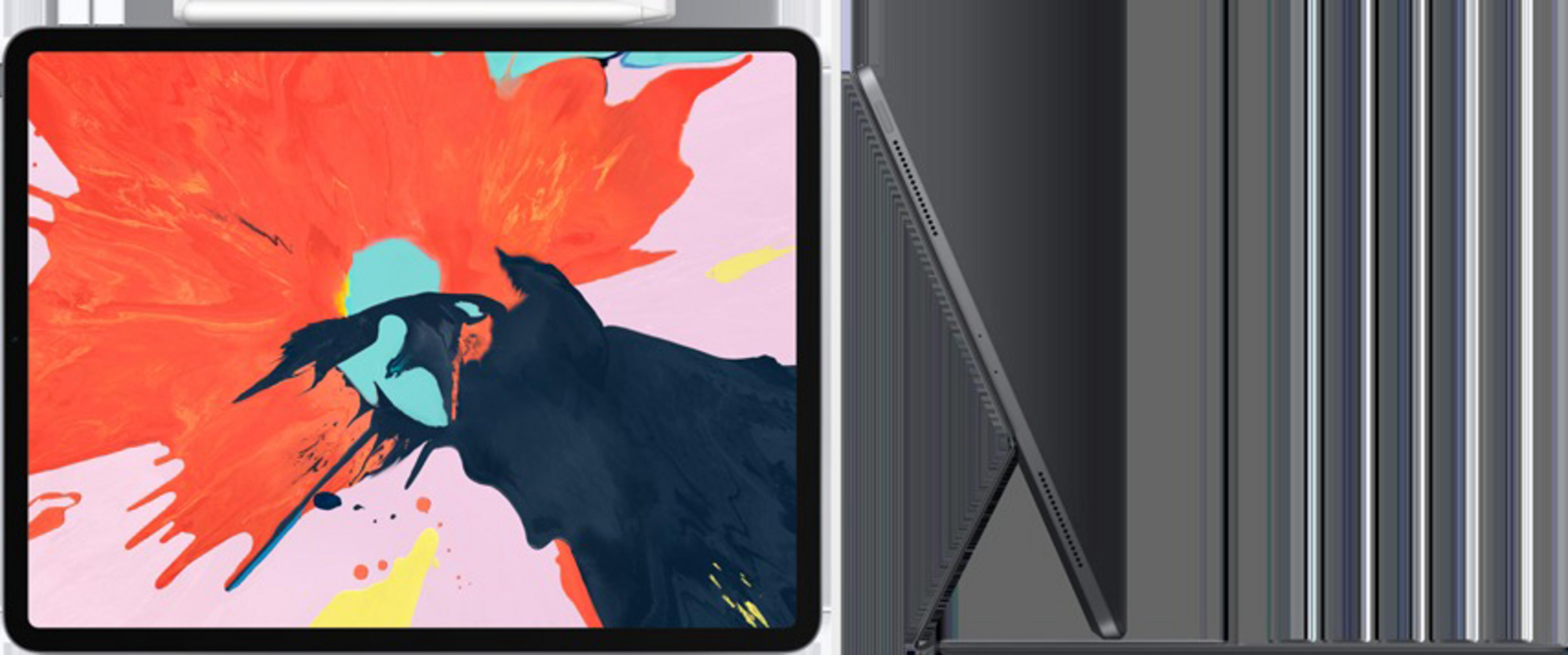 Un tablet con una pittura astratta colorata sullo schermo e una cover per tastiera, vista laterale.
