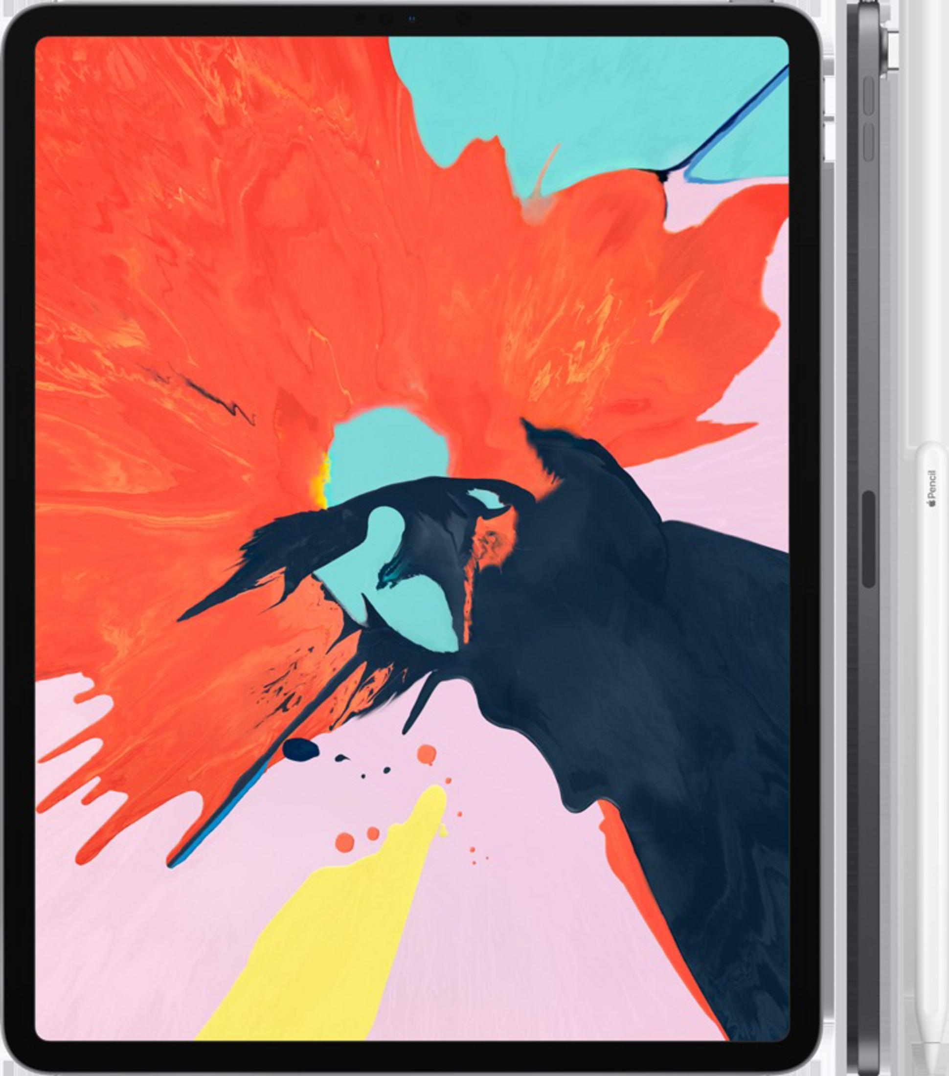 iPad Pro z dołączonym Apple Pencil. Ekran wyświetla abstrakcyjny obraz o żywych kolorach.