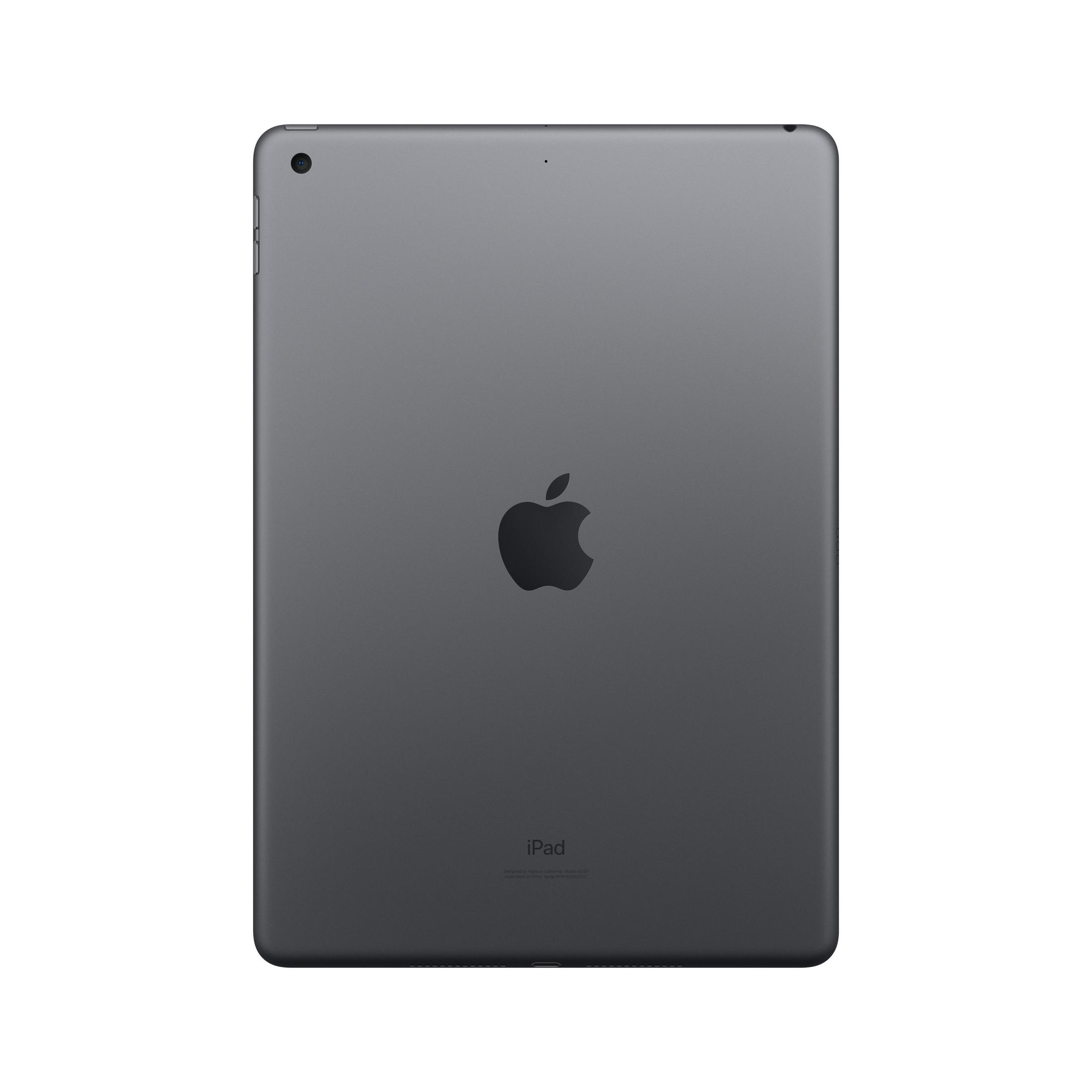 Ein dunkelgraues iPad mit dem Apple-Logo auf weißem Hintergrund.