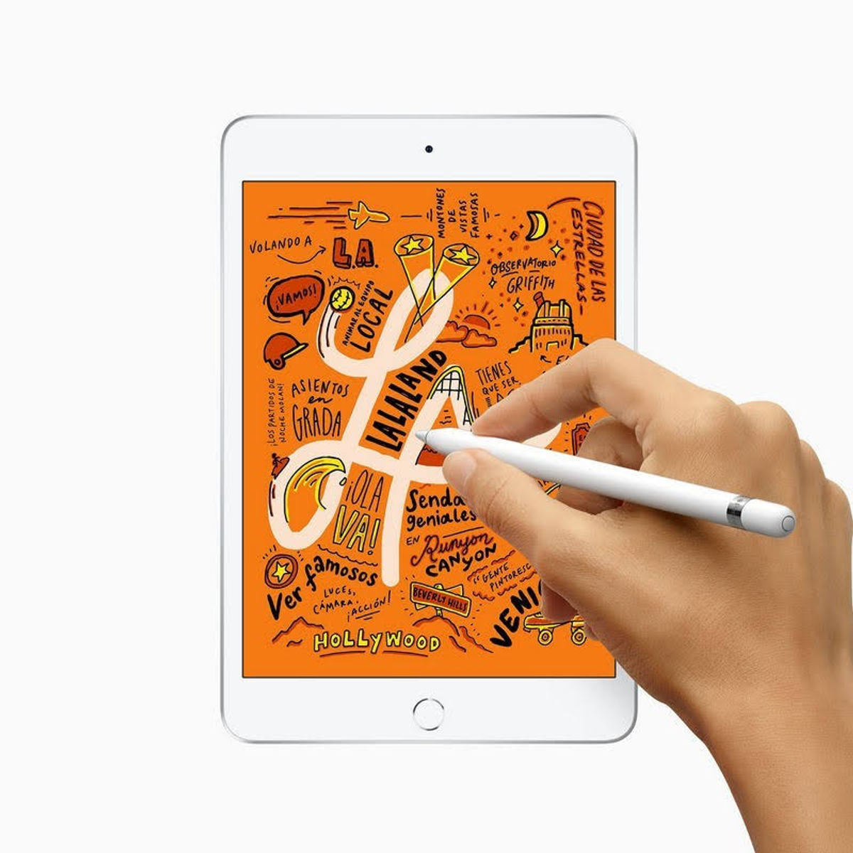 Mano che disegna su un iPad arancione con uno stilo bianco, mostrando punti di riferimento e scritte di LA.