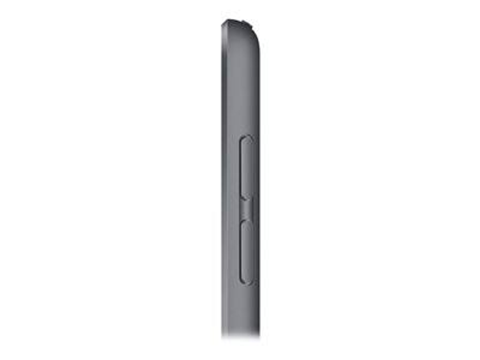 Vista laterale di un tablet grigio che mostra i pulsanti di accensione e volume.