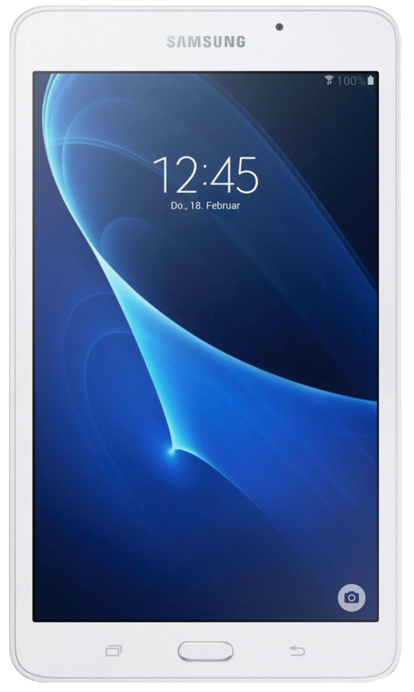 Weißes Tablet, das ein blaues Bild anzeigt. Uhrzeit und Datum werden auf dem Bildschirm angezeigt.