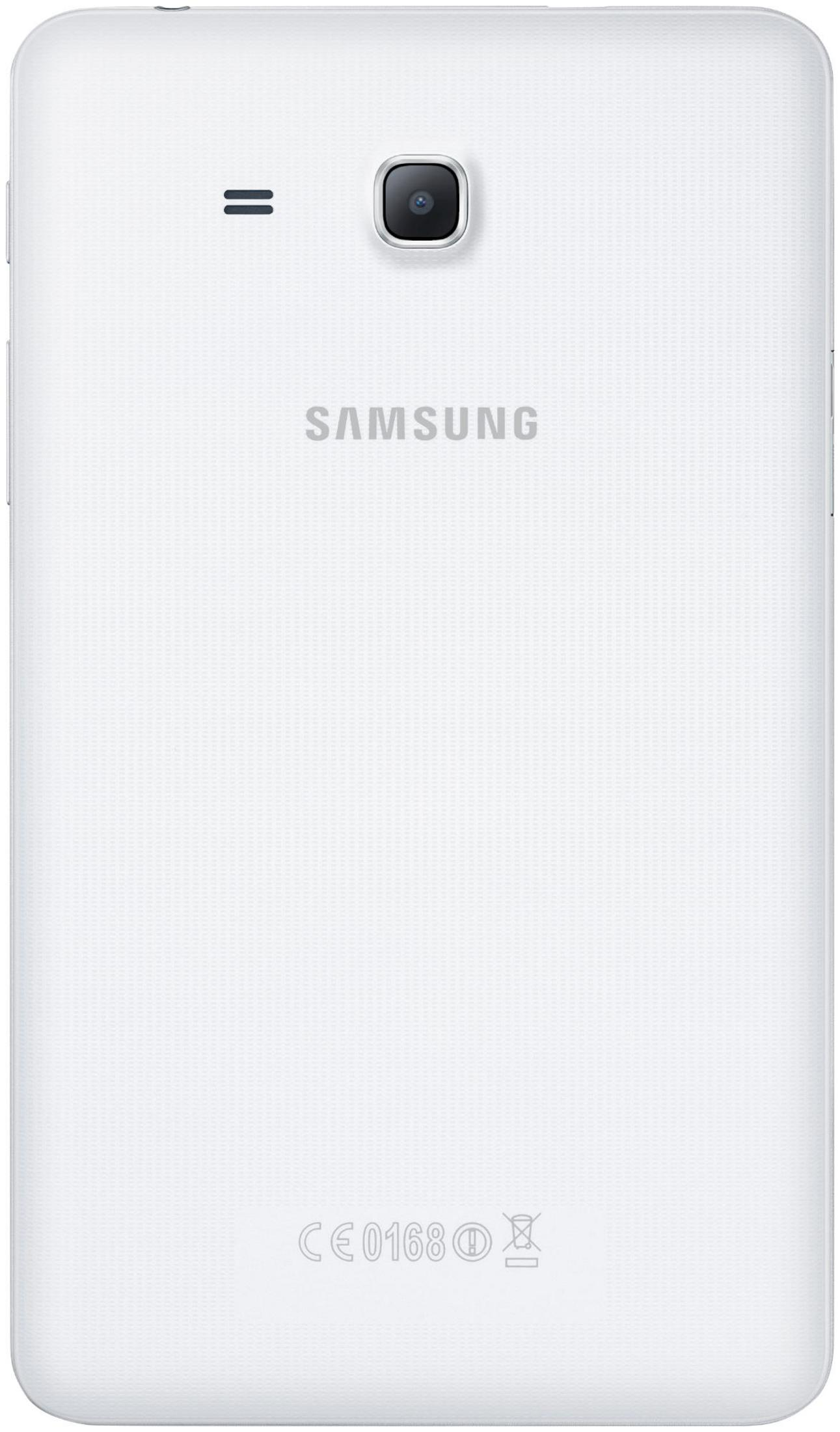 Rückansicht eines weißen Samsung-Tablets mit Kamera, Samsung-Logo und Modellinformationen.