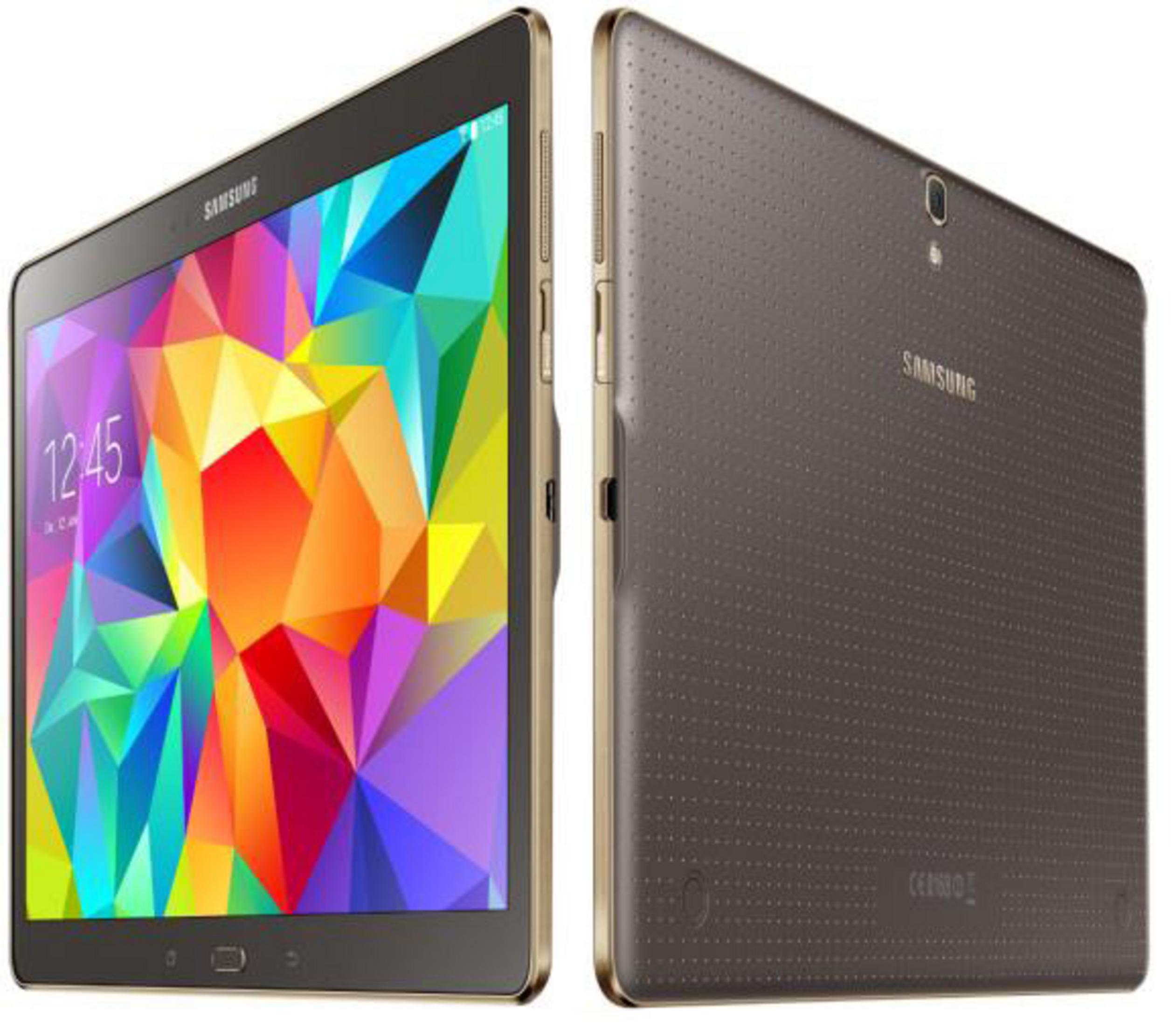 Ein Tablet, Vorder- und Rückansicht. Die Vorderseite zeigt ein farbenfrohes Bild, die Rückseite ist dunkelbraun.