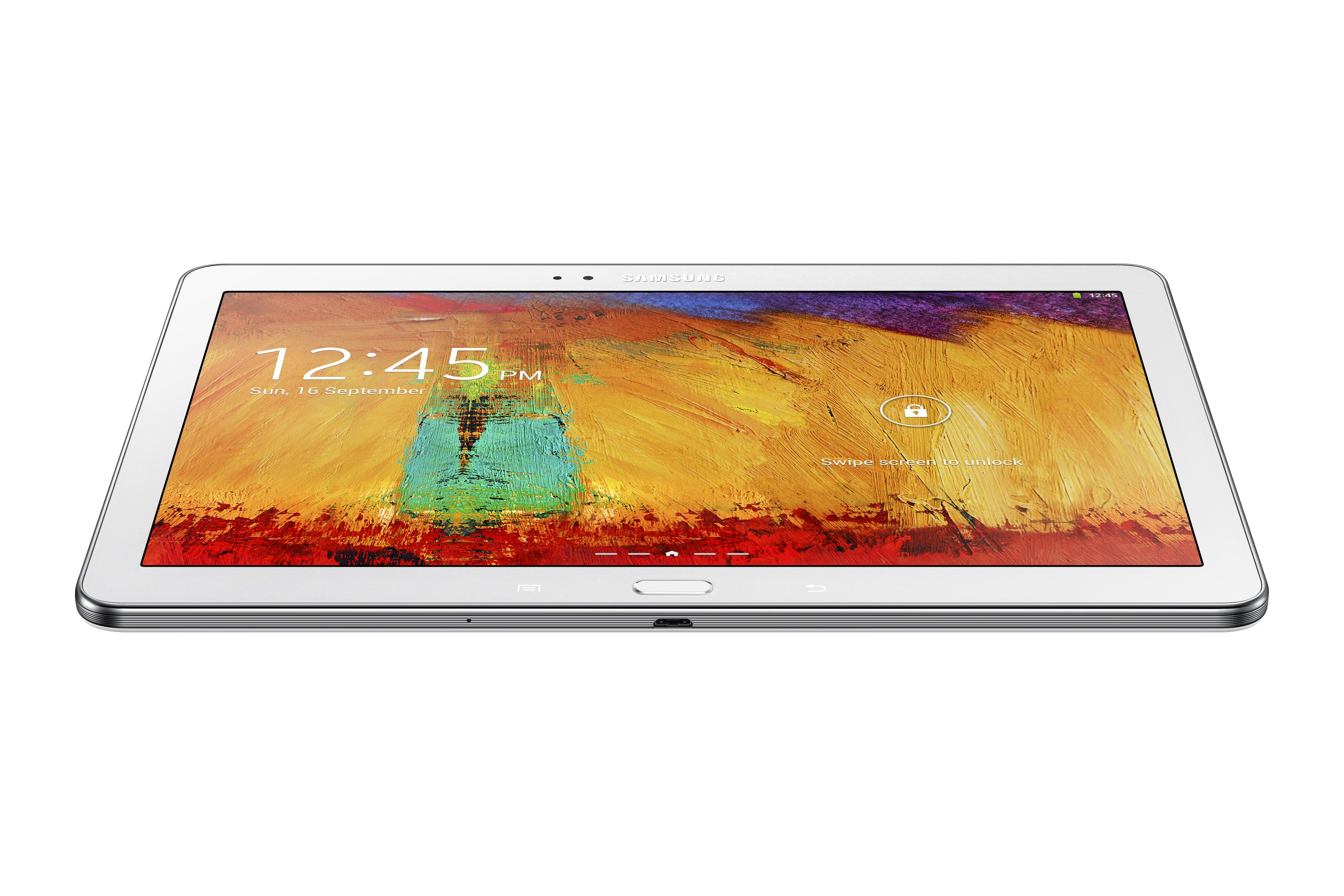 Weißes Samsung-Tablet mit Sperrbildschirm. Die angezeigte Uhrzeit ist 12:45 Uhr.
